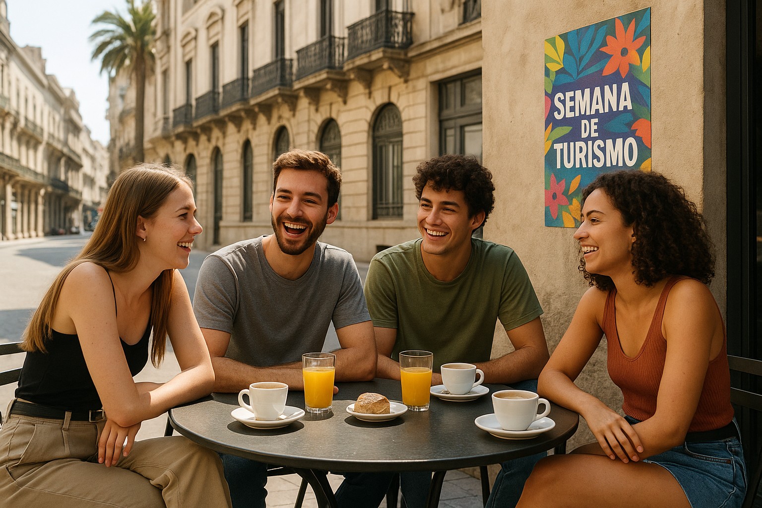 Vier junge Erwachsene sitzen fröhlich in einem Straßencafé in Montevideo, Uruguay, und unterhalten sich, mit Getränken und Gebäck auf dem Tisch; im Hintergrund ein buntes Plakat mit der Aufschrift „Semana de Turismo“.