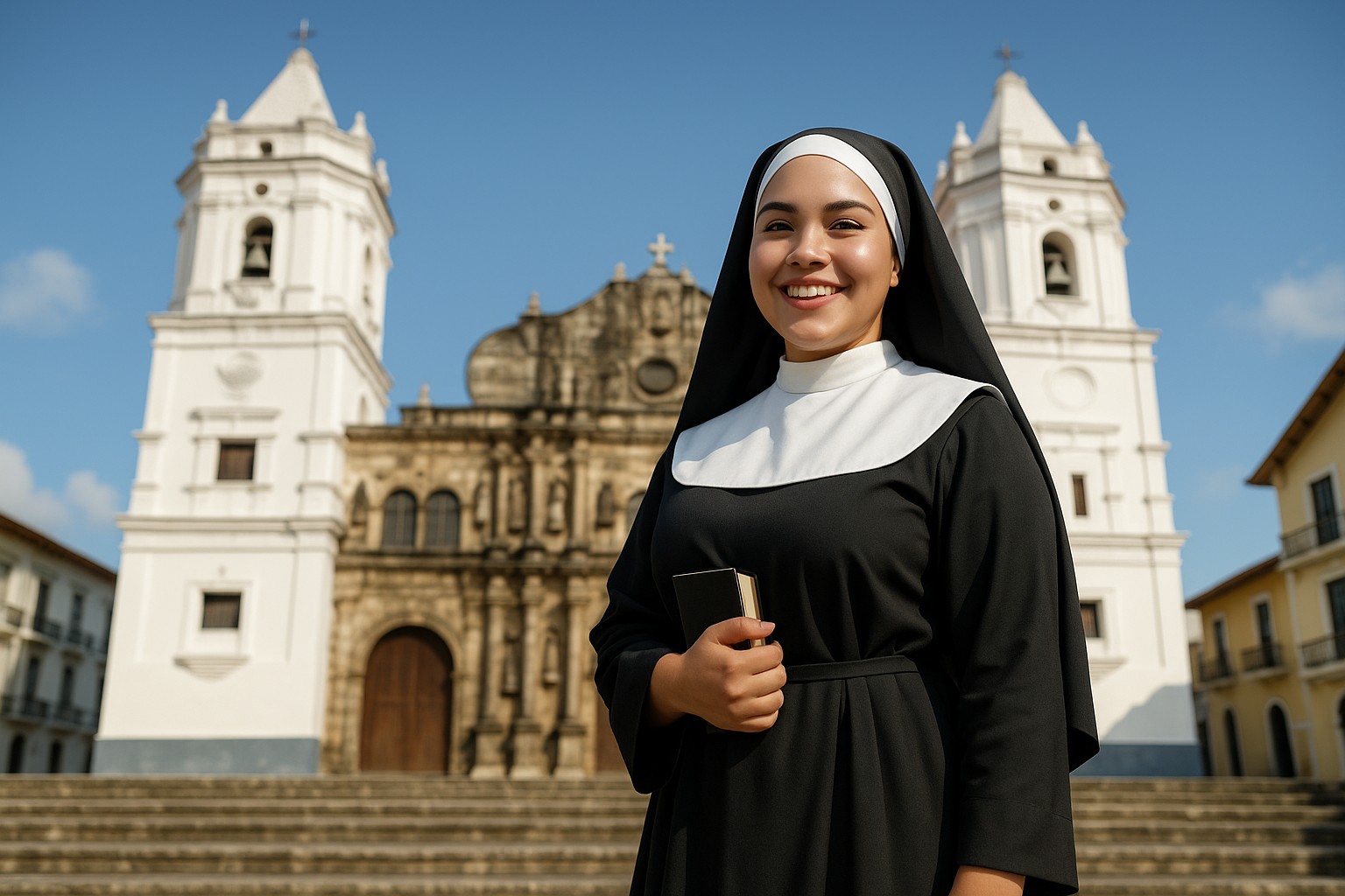 Eine junge Nonne mit kurviger Figur steht lächelnd auf den Stufen der historischen Kathedrale von Panama-Stadt, im Hintergrund die weißen Glockentürme und die barocke Fassade.