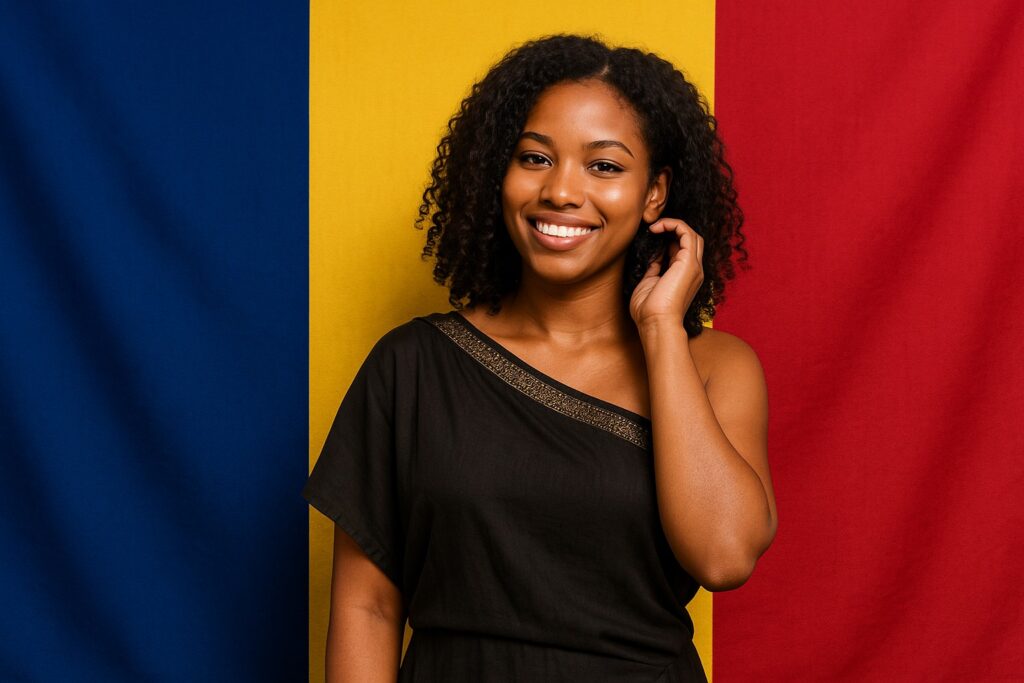Eine hochauflösende Fotografie zeigt eine junge tschadische Frau in einer modernen, glatten Variante der traditionellen Melhfa, die ihre Arme leicht zeigt, jedoch dezent und stilvoll bleibt. Sie steht vor der großen Nationalflagge des Tschad und lächelt warm.