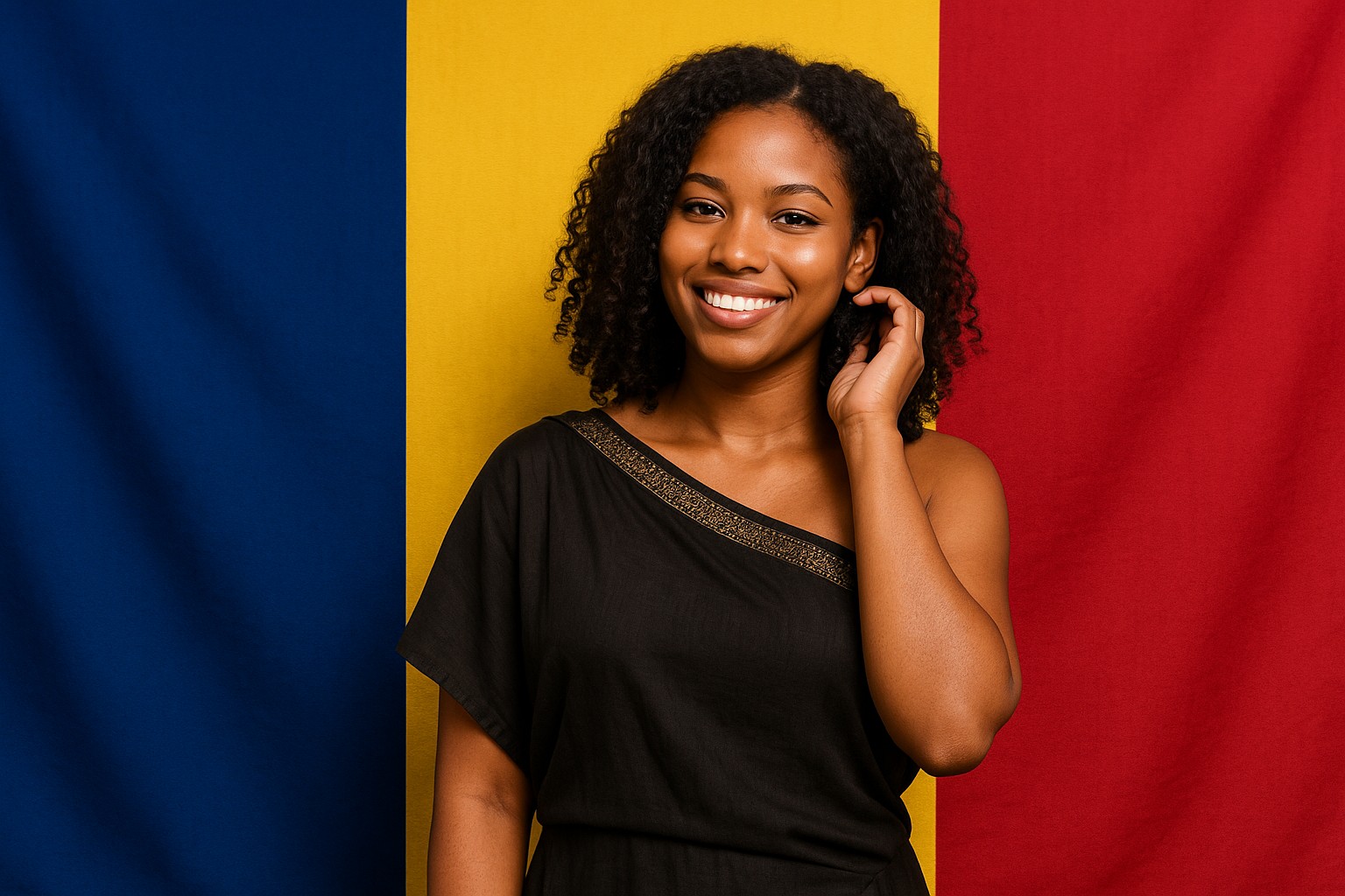 Junge tschadische Frau vor der Nationalflagge