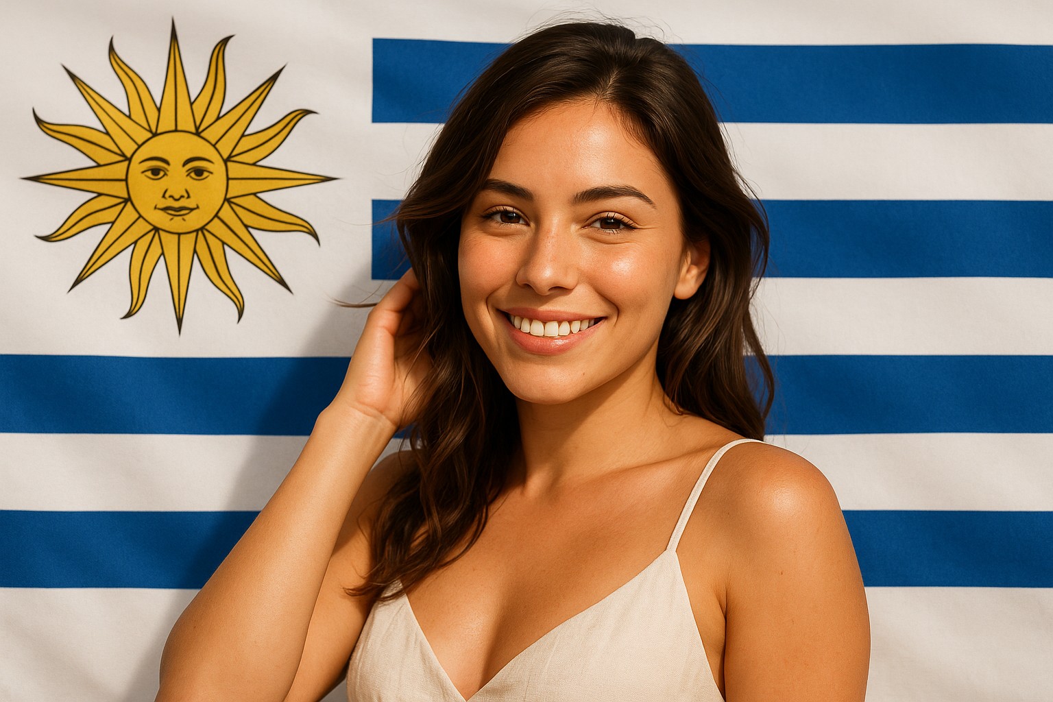 Junge uruguayische Frau vor der Nationalflagge
