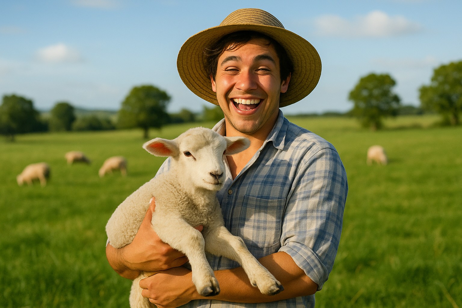 Ein junger, lachender Landwirt mit hellbrauter Haut und Strohhut hält ein weißes Lamm im Arm, im Hintergrund eine grüne Weide mit weiteren Schafen unter blauem Himmel.