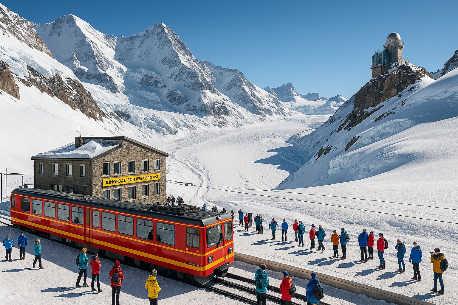 Ein hochauflösendes Foto zeigt die Jungfraujoch-Station auf 3.454 Metern Höhe, mit einem roten Zug vor schneebedeckten Gipfeln und Touristen in bunter Winterkleidung.