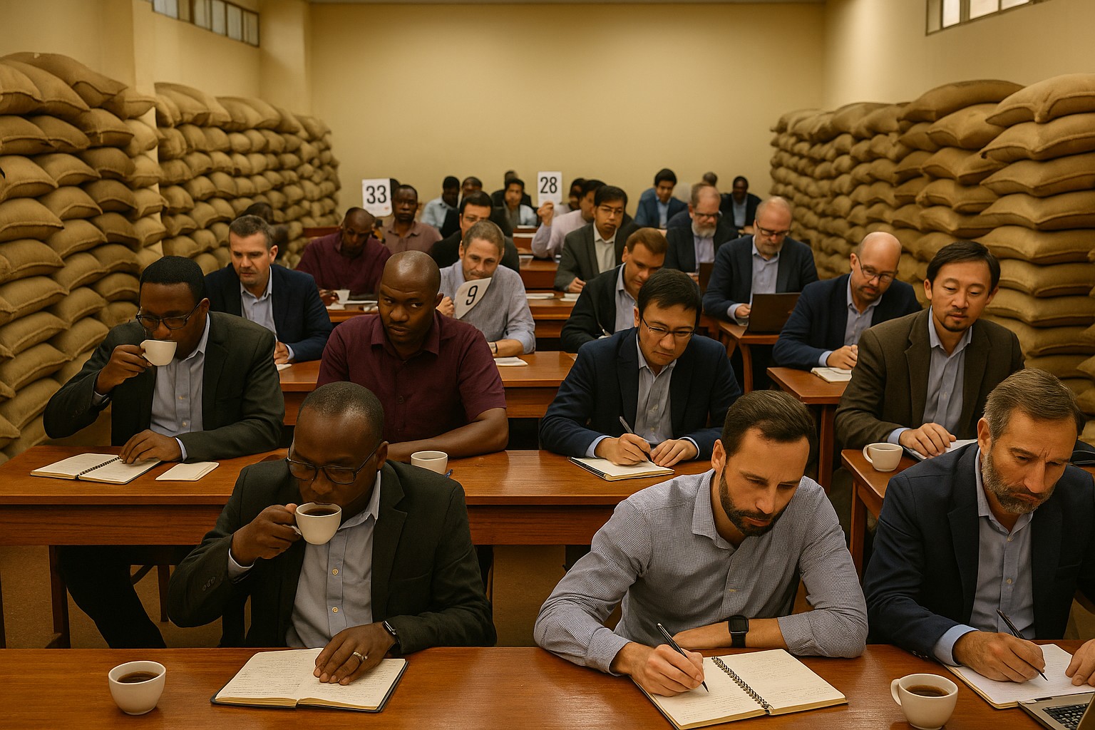 Kaffeeverkoster aus verschiedenen Ländern sitzen in einer Auktionshalle in Nairobi, probieren kenianischen Kaffee aus weißen Tassen und machen sich Notizen, während Säcke mit Kaffeebohnen die Wände säumen.