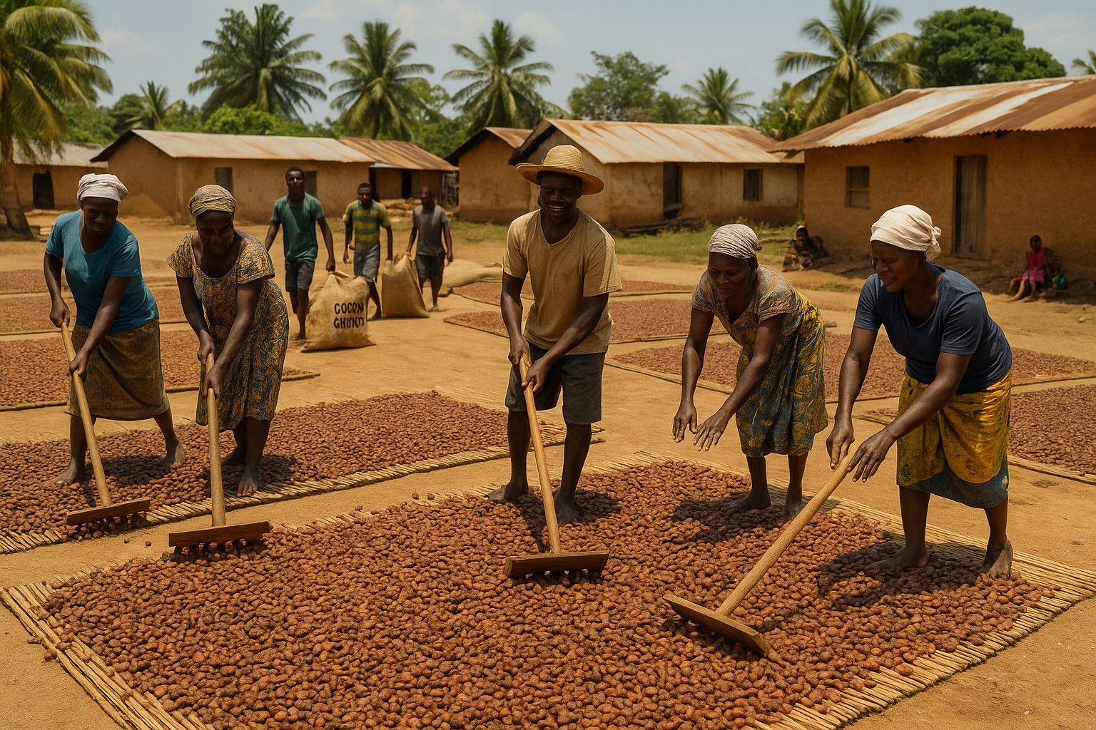 Ghanaische Kakaobauern trocknen Kakaobohnen auf Bambusmatten unter der Sonne, während im Hintergrund Dorfbewohner Säcke mit der Aufschrift „COCOA GHANA“ tragen.