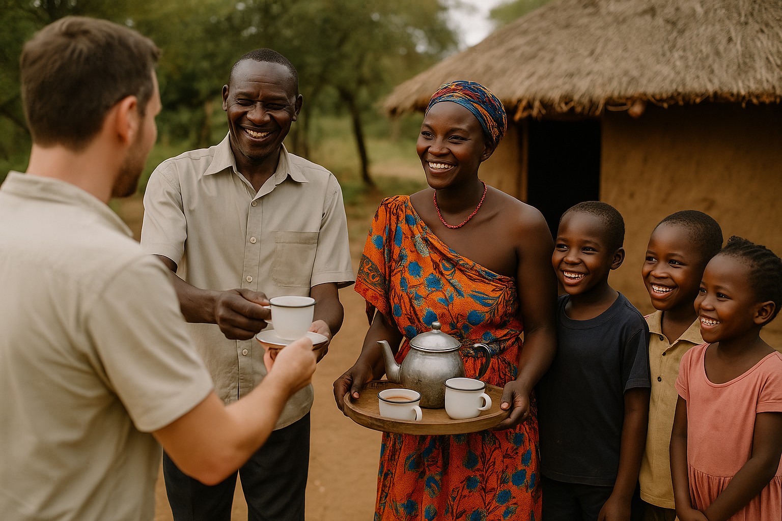 Eine kenianische Familie begrüßt einen Besucher vor ihrer traditionellen Lehmhütte herzlich mit einer Tasse heißen Tees, während alle lächeln.
