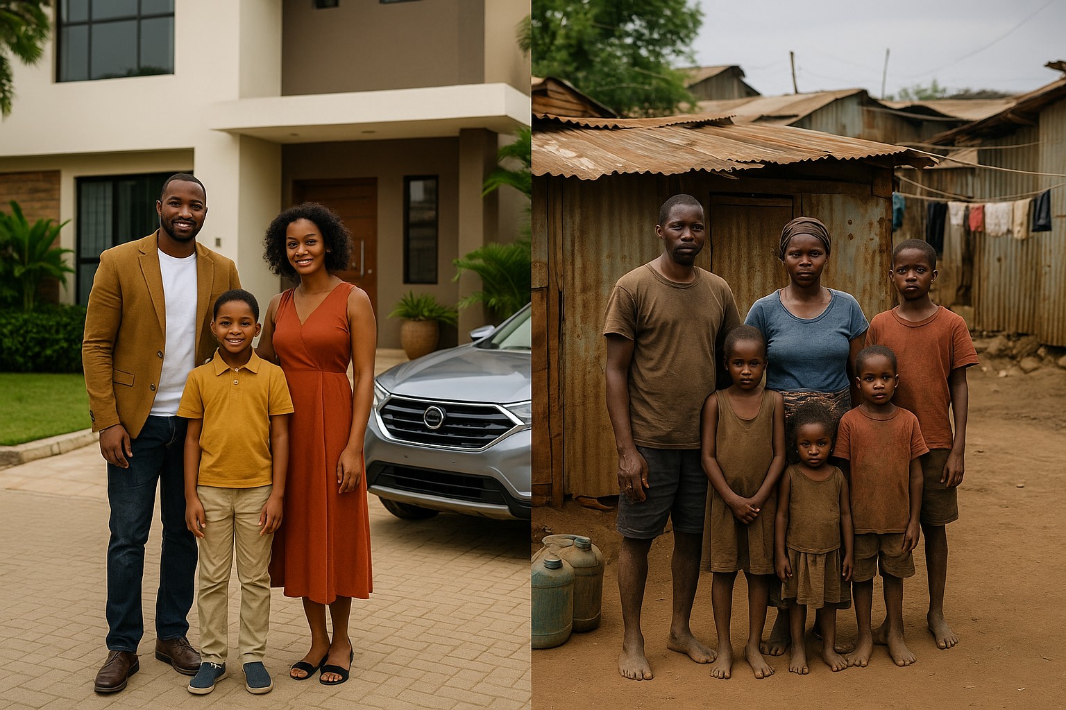 Ein hochauflösendes Foto zeigt einen starken Kontrast: Links steht eine wohlhabende kenianische Familie vor einer modernen Villa mit Auto, rechts eine arme Familie vor einer Wellblechhütte in einem Slum.