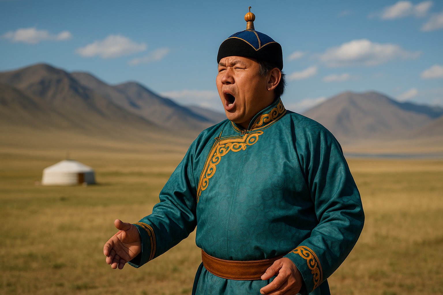 Ein mongolischer Sänger in traditioneller Kleidung singt Khoomei in der Steppe, mit den Altai-Bergen und einer Jurte im Hintergrund.