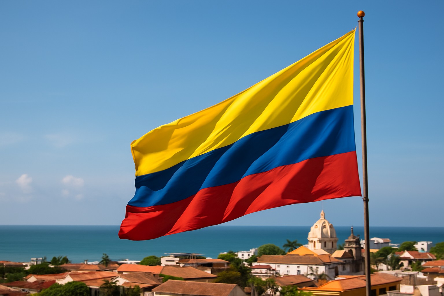 Die kolumbianische Flagge weht im Wind auf einem Hügel mit Blick auf eine Küstenstadt, im Hintergrund das tiefblaue Meer und koloniale Dächer.