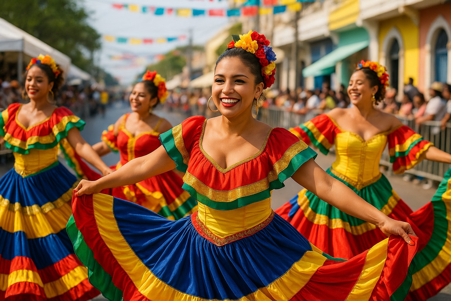 Drei kolumbianische Frauen in farbenfrohen Cumbia-Kleidern tanzen fröhlich bei einer Straßenparade in Barranquilla, mit bunten Häusern und jubelnder Menge im Hintergrund.