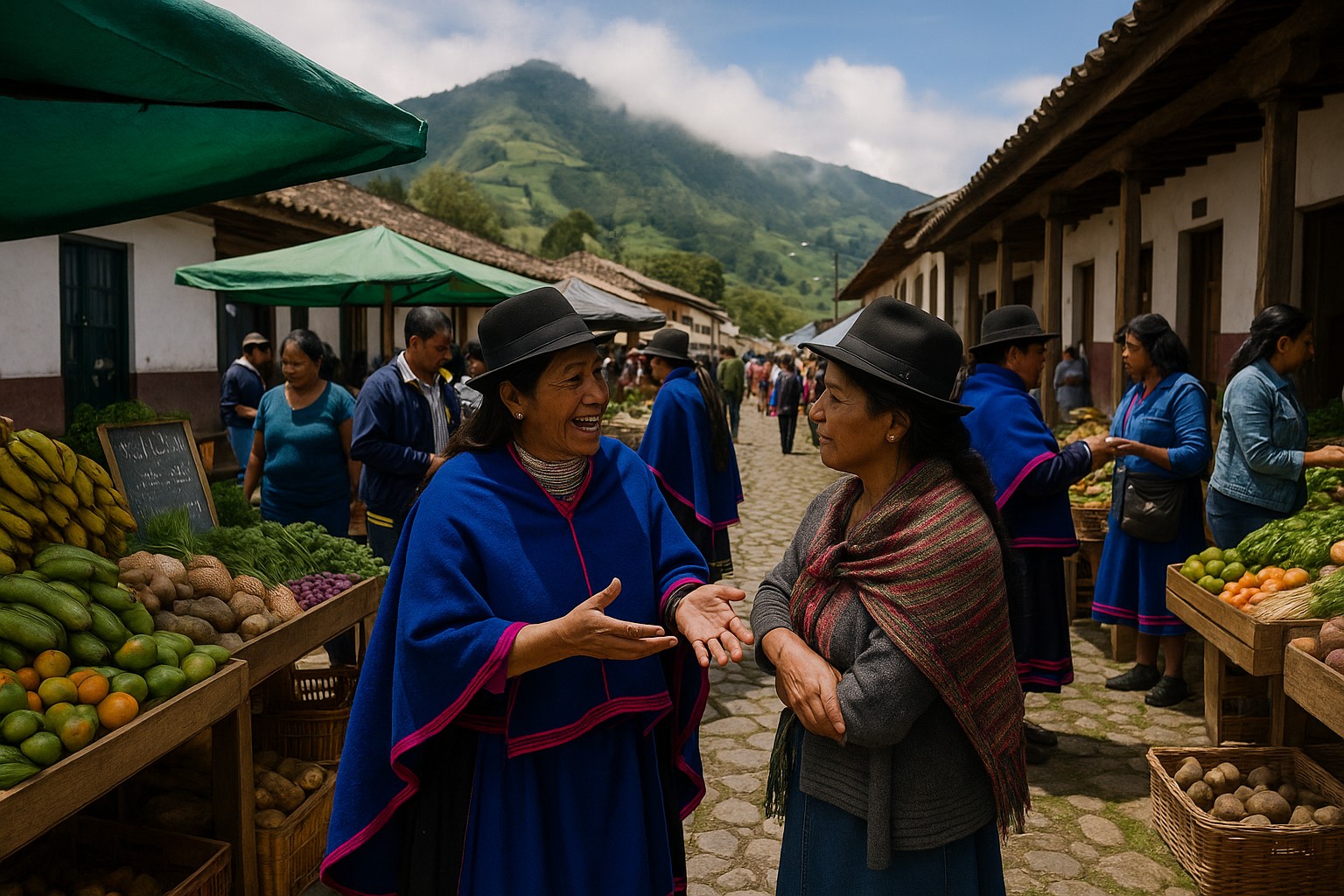 Marktszene in Kolumbien mit zwei indigenen Frauen in traditioneller Kleidung und schwarzen Hüten, die sich angeregt unterhalten, umgeben von Ständen mit frischem Obst und Gemüse, vor einer Kulisse aus Bergen und Kolonialgebäuden.