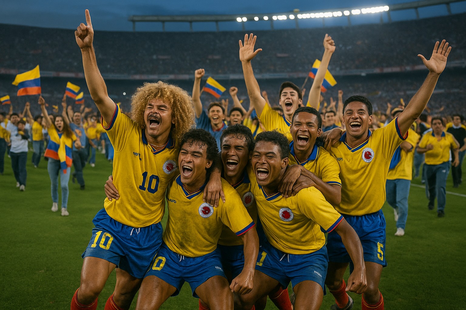 Kolumbianische Fußballspieler und jubelnde Fans feiern den historischen 5:0-Sieg gegen Argentinien im Jahr 1993 im voll besetzten Stadion, angeführt von Carlos Valderrama im gelben Trikot mit der Nummer 10.