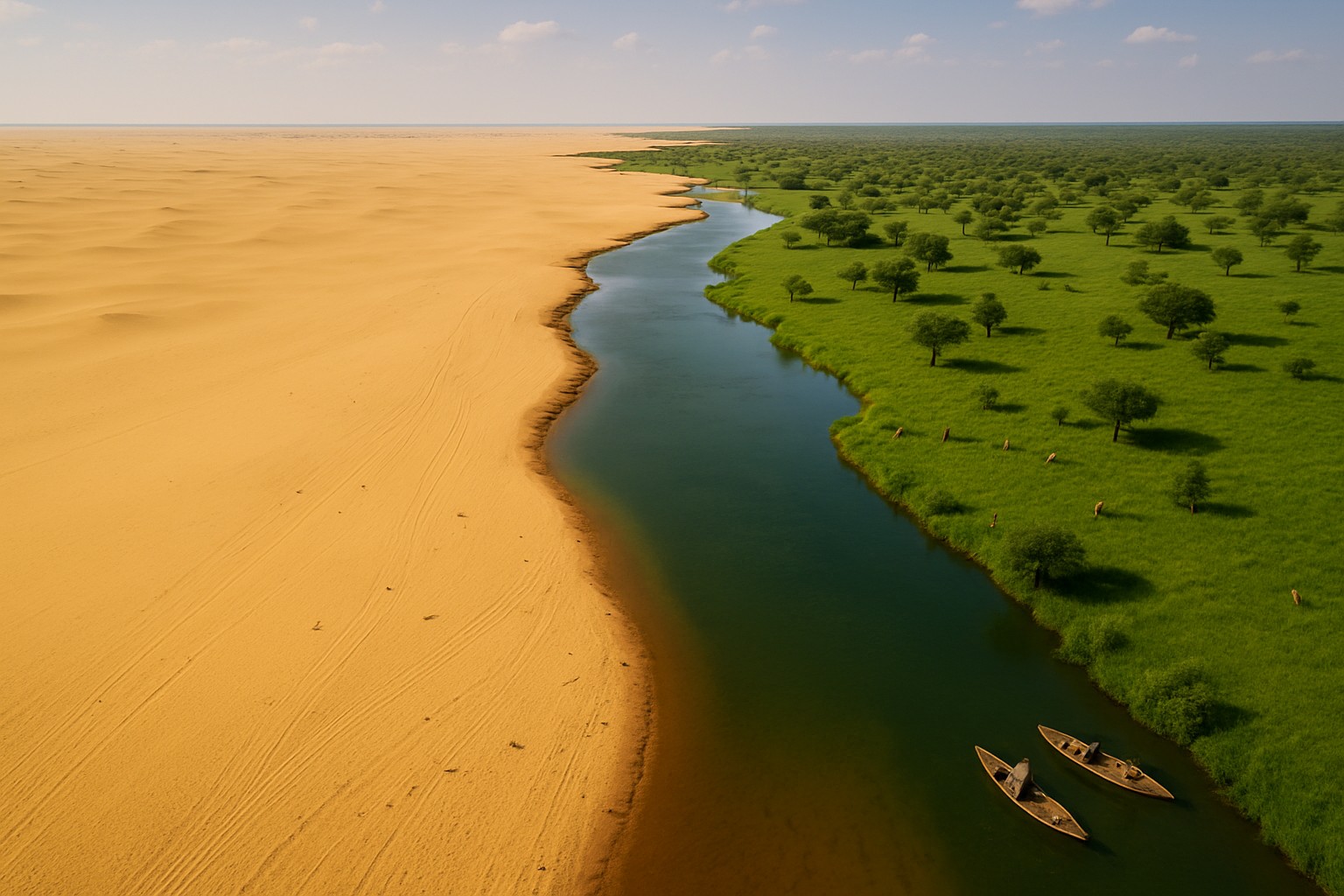 Luftaufnahme einer eindrucksvollen Landschaft in Tschad, in der eine goldene Wüste nahtlos auf eine üppig grüne Savanne trifft, getrennt durch einen gewundenen Fluss mit zwei traditionellen Holzbooten.
