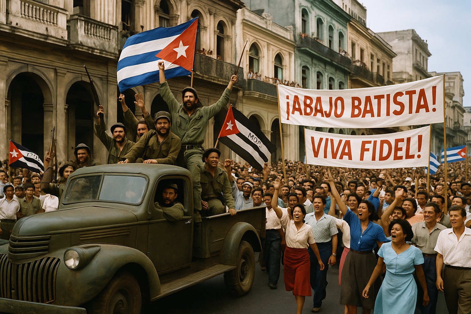 Farbfoto einer jubelnden Gruppe kubanischer Revolutionäre, die 1959 in den Straßen von Havanna die kubanische Flagge schwenken, umgeben von historischen Kolonialgebäuden und einer ausgelassenen Menschenmenge.
