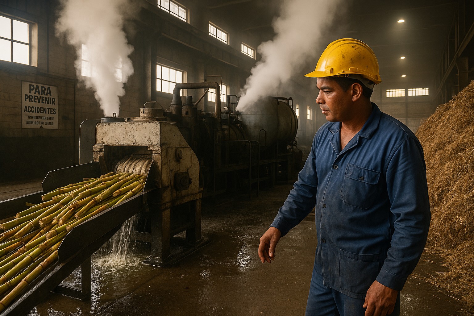 Ein kubanischer Arbeiter in blauer Arbeitskleidung und gelbem Schutzhelm überwacht den Verarbeitungsprozess von Zuckerrohr in einer Zuckerfabrik, umgeben von dampfenden Maschinen und einem Förderband voller frischem Zuckerrohr.
