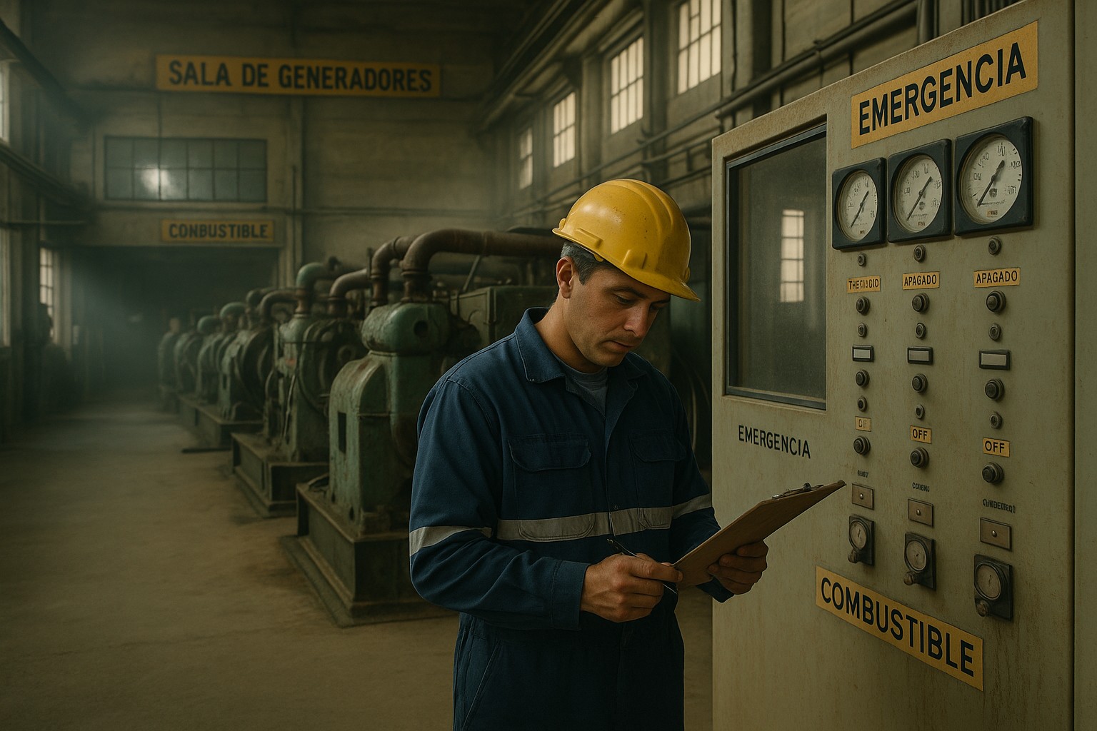 Ein kubanischer Wartungsarbeiter mit gelbem Schutzhelm überprüft ein Klemmbrett vor einem alten Notfall-Bedienpanel in einem Generatorraum mit großen Dieselgeneratoren und Schildern auf Spanisch.
