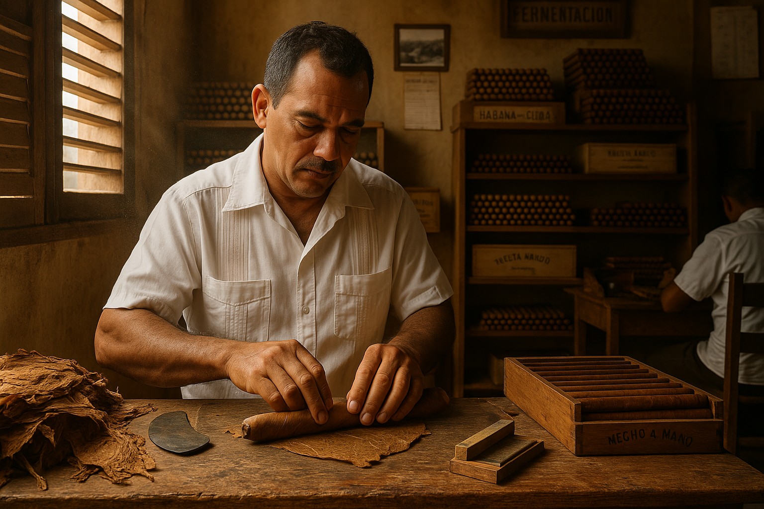 Ein kubanischer Zigarrenmacher, ein Torcedor, sitzt in einer traditionellen Werkstatt und rollt sorgfältig von Hand eine Zigarre, umgeben von Tabakblättern und Holzregalen voller fertiger Zigarren.
