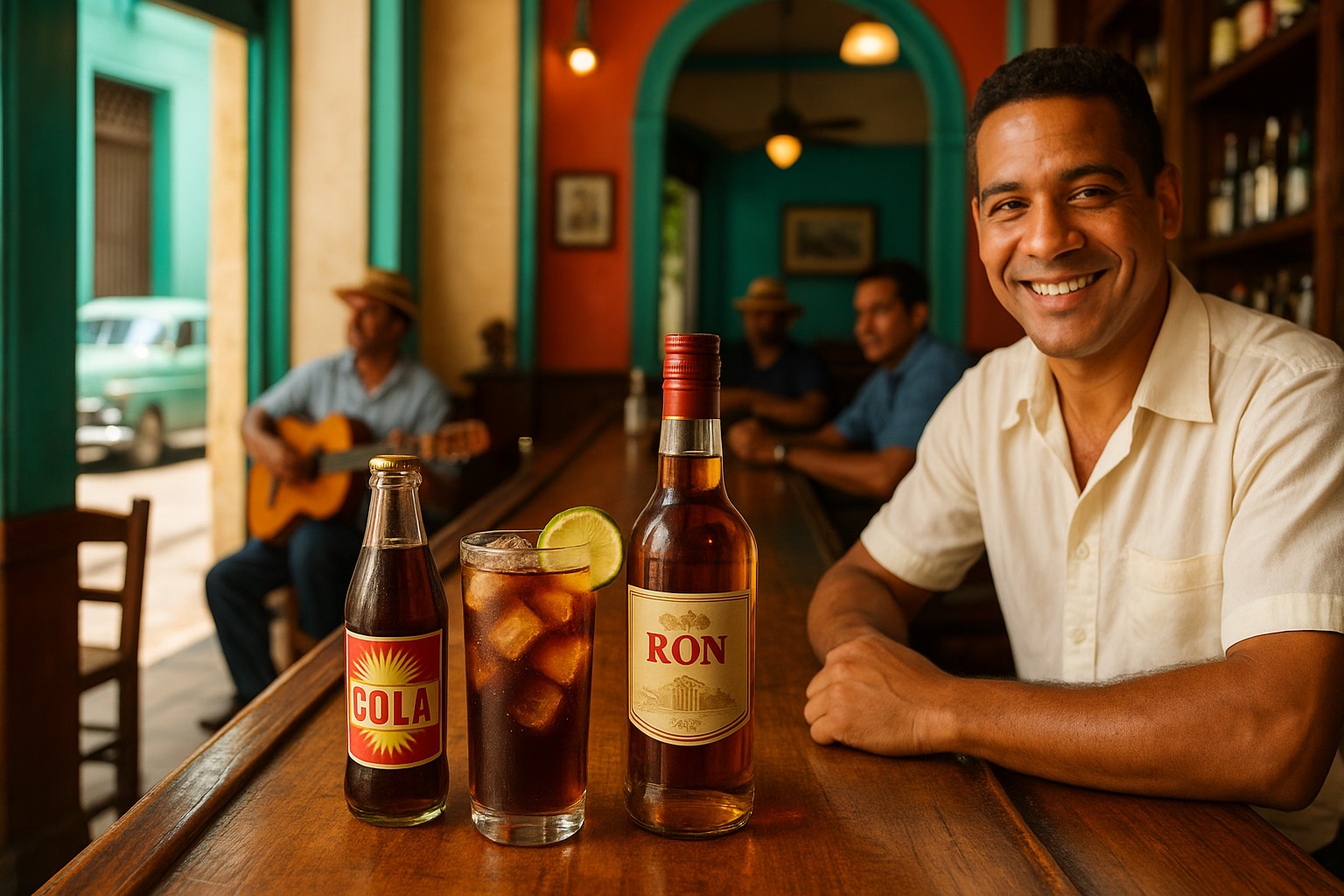 Ein hochauflösendes Foto zeigt eine lebendige Barszene in Kuba mit einem Glas „Cuba Libre“, einer lokalen Cola-Flasche und einer Rumflasche auf der Theke, während ein lächelnder Barkeeper und Musiker im Hintergrund zu sehen sind.
