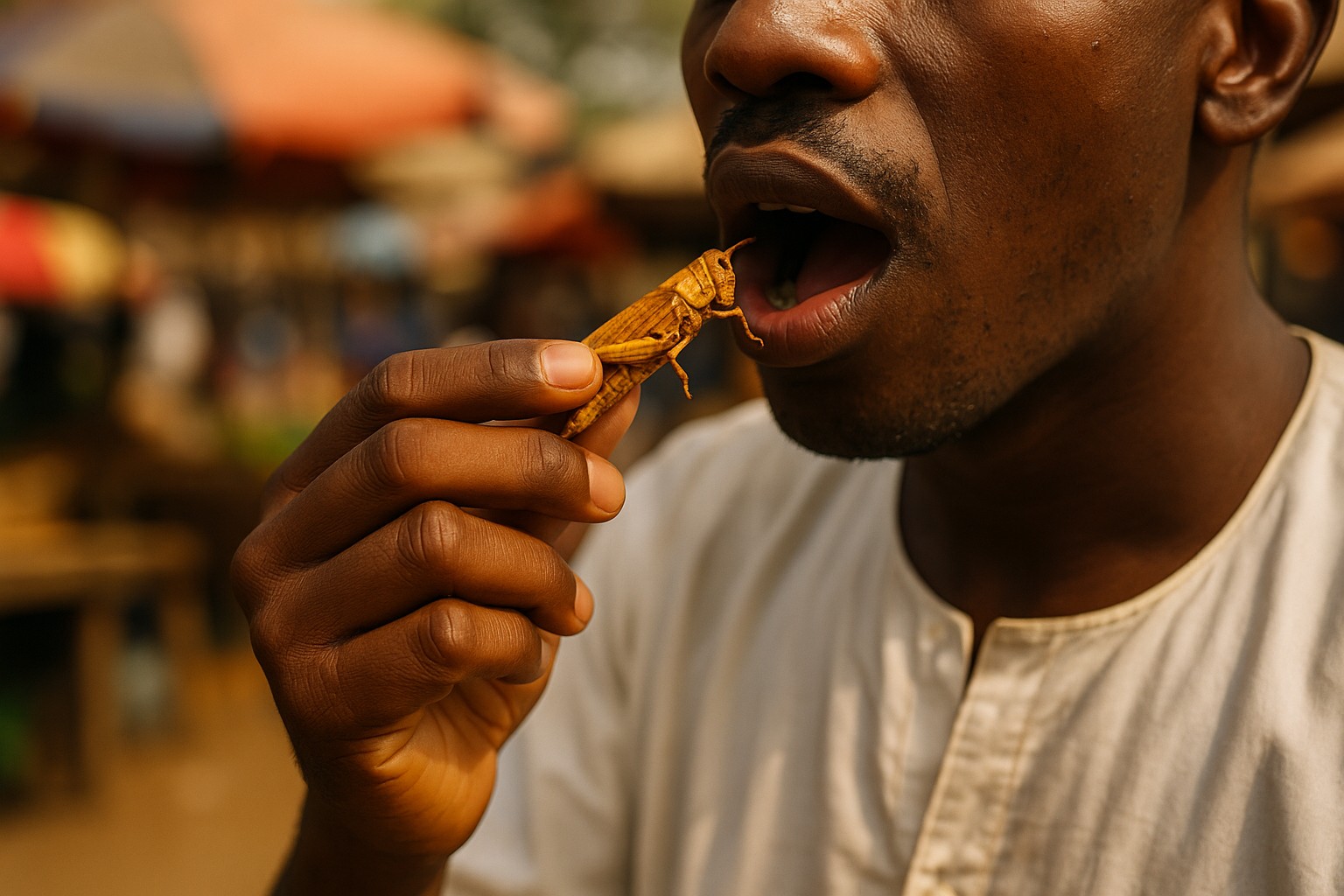 Ein Mann afrikanischer Herkunft hält eine goldbraun frittierte Heuschrecke zwischen den Fingern direkt vor seinem geöffneten Mund, bereit sie zu essen. Im Hintergrund sind unscharfe Marktszenen mit bunten Sonnenschirmen zu sehen.
