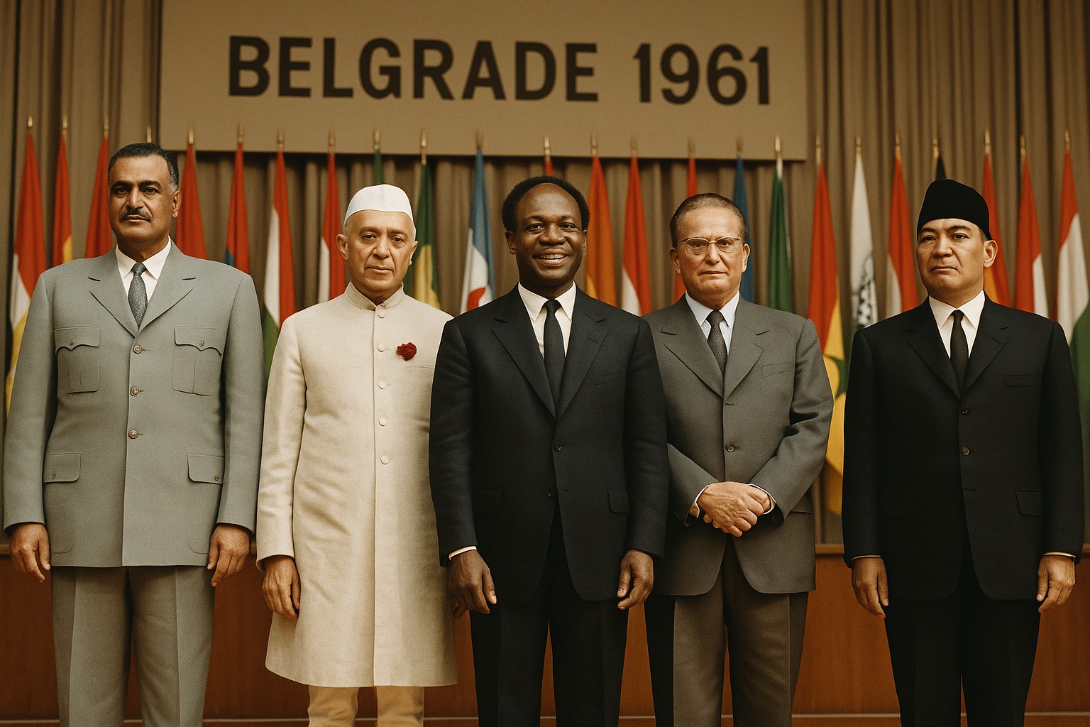 Historisches Foto der Belgrader Konferenz 1961 mit Kwame Nkrumah, Gamal Abdel Nasser, Jawaharlal Nehru, Josip Broz Tito und Sukarno nebeneinander auf einer Bühne vor Nationalflaggen.