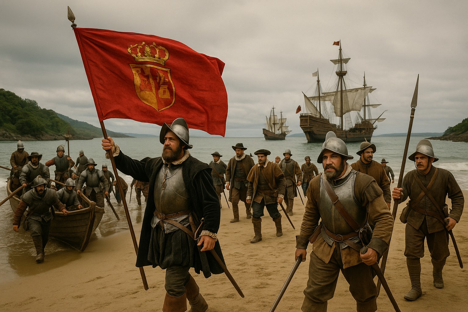 Spanische Entdecker landen an der Karibikküste im frühen 16. Jahrhundert; ein Offizier hisst eine einfache königliche Flagge im Sand, während eine Gruppe gepanzerter Soldaten mit Morion-Helmen an Land geht, Karavellen und Galeonen im Hintergrund vor Anker liegen und Palmen sowie Küstenvegetation die Szene umrahmen.