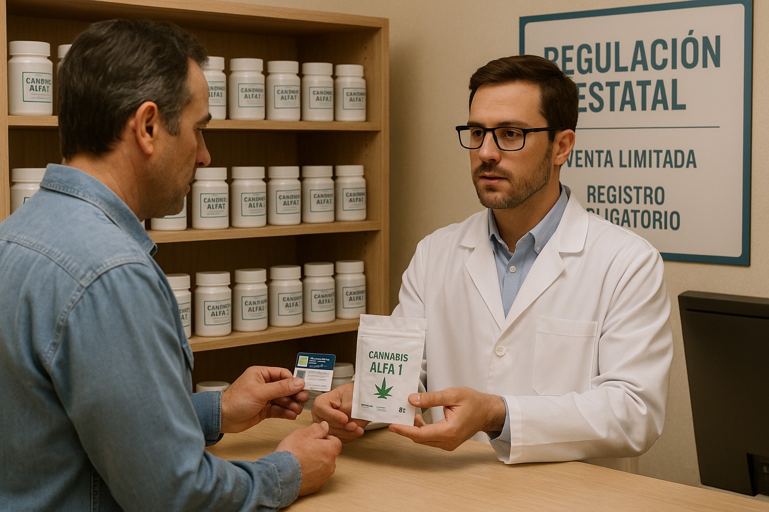 Ein Apotheker in Montevideo übergibt einem registrierten Kunden eine staatlich verpackte Cannabis-Packung mit der Aufschrift „Cannabis Alfa 1“, während der Kunde seinen Ausweis vorzeigt. Im Hintergrund Regale mit weiteren Packungen und ein Schild mit spanischen Aufschriften zur staatlichen Regulierung.