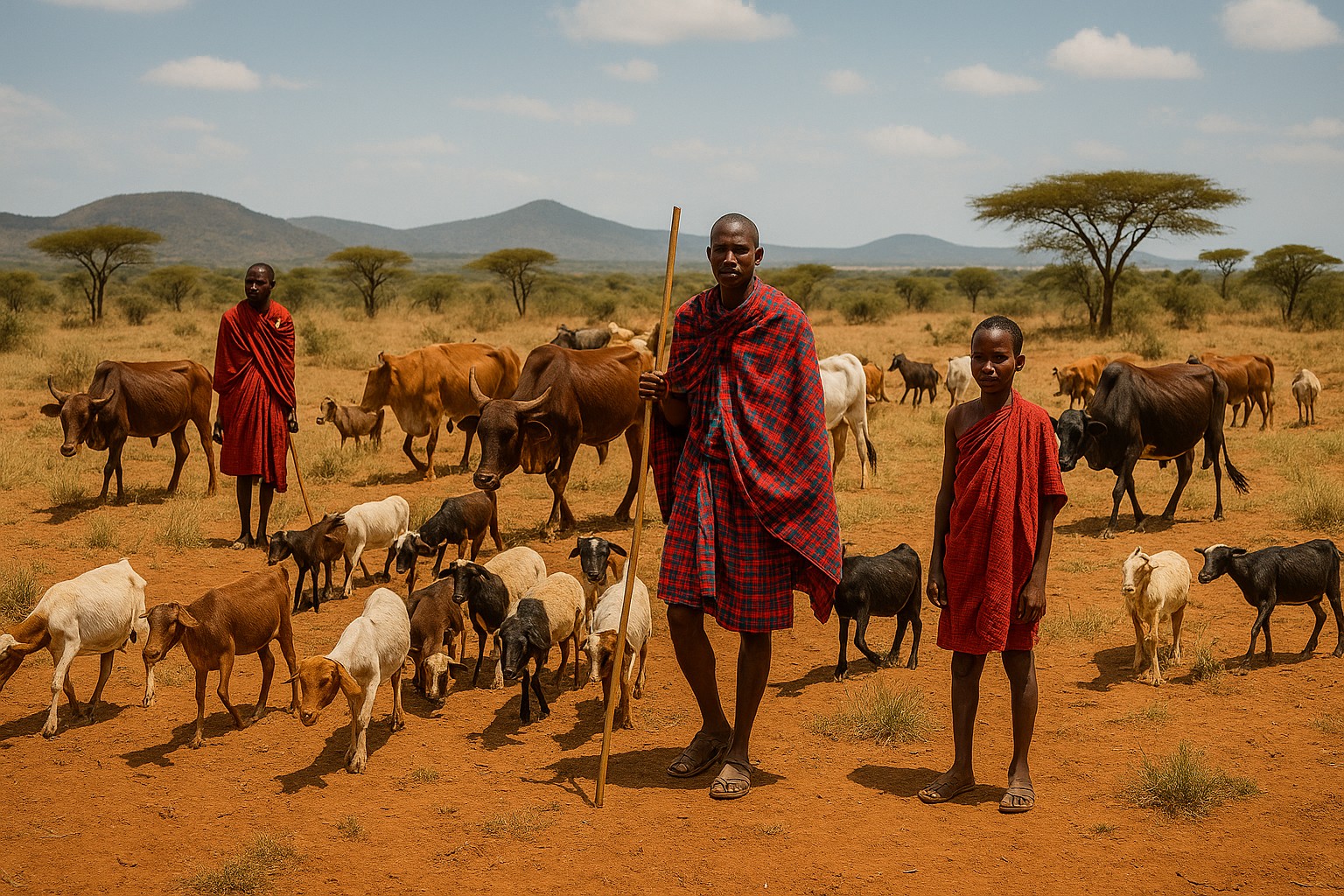 Drei Maasai-Hirten in traditionellen roten Shukas hüten Rinder, Ziegen und Schafe auf einer trockenen Savanne in Kenia, während im Hintergrund Akazienbäume und Hügel zu sehen sind.