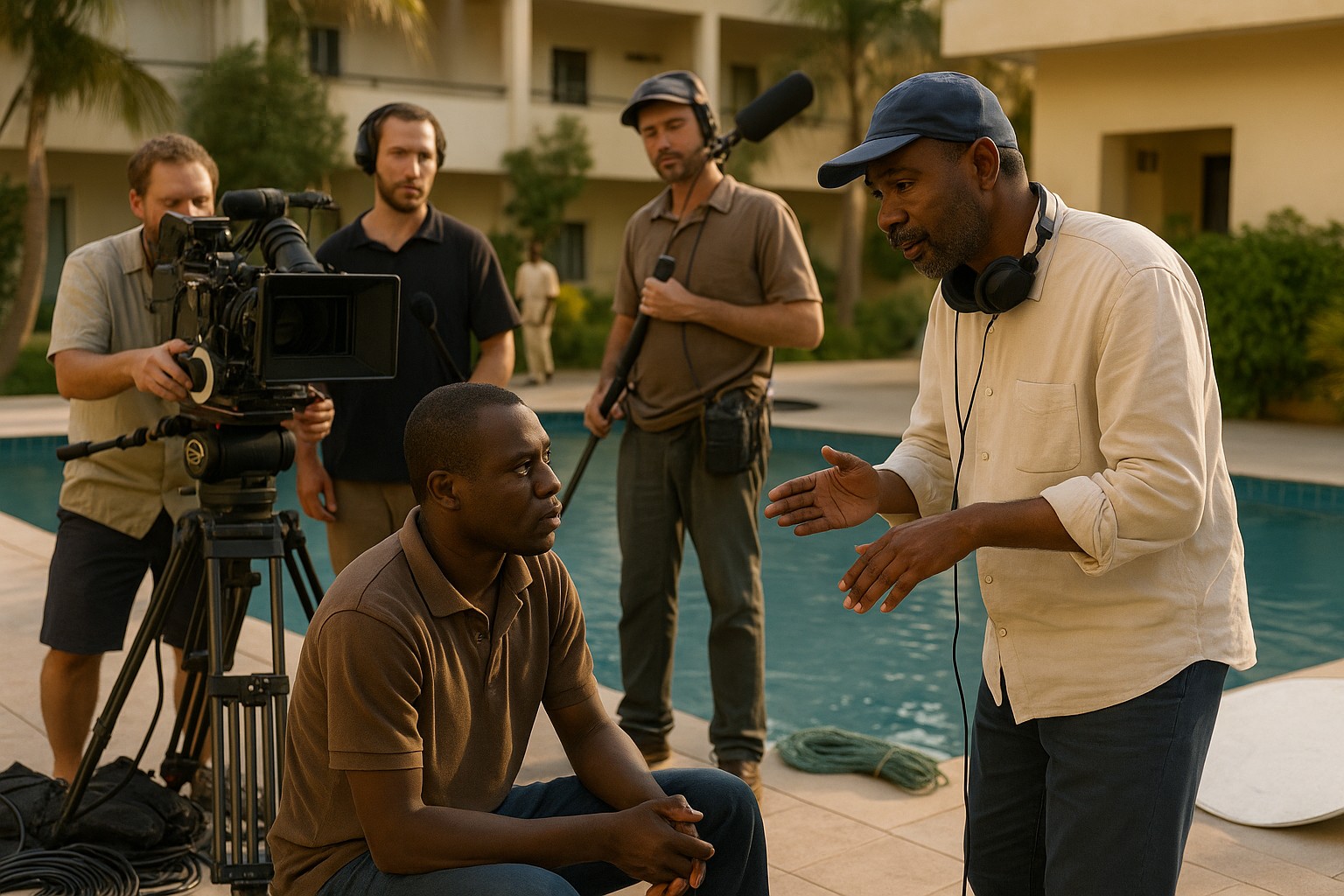 Mahamat-Saleh Haroun, der tschadische Filmregisseur, gibt Anweisungen an einen Schauspieler am Pool, umgeben von Kamerateam und Toncrew in tropischer Kulisse.
