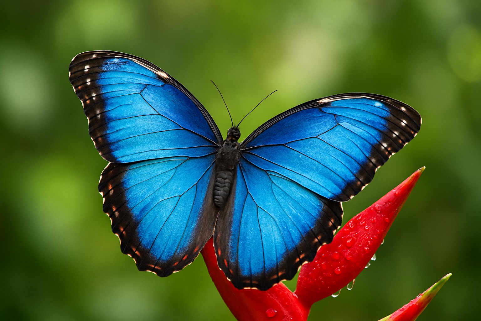Eine Makroaufnahme zeigt einen blau schimmernden Morpho‑Schmetterling (Morpho didius) auf einer roten Helikonienblüte, mit feinen Flügelschuppen und weichem grünem Regenwald‑Bokeh im Hintergrund.