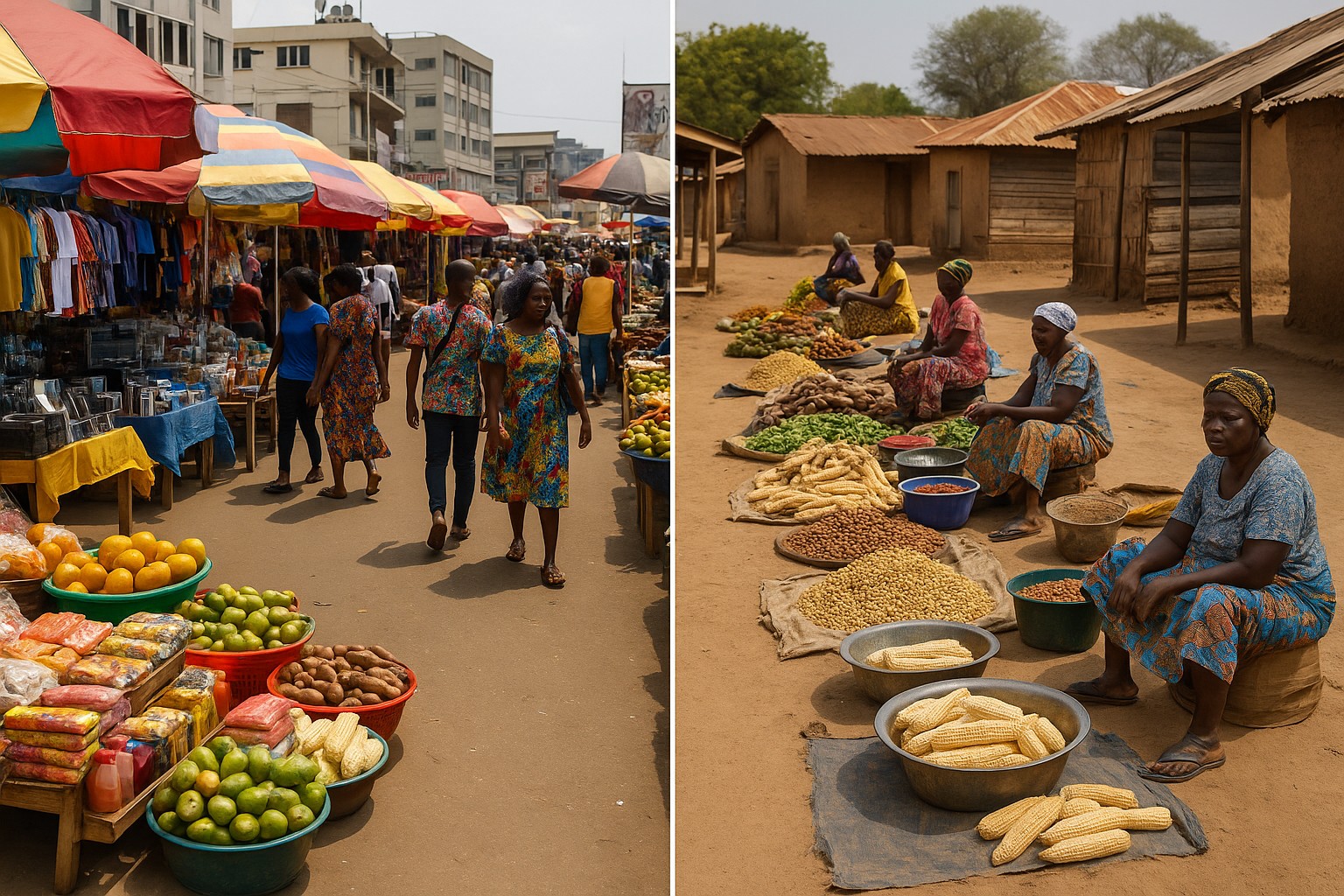 Zwei kontrastreiche Marktszenen in Ghana: Links ein geschäftiger Markt in Accra mit bunten Ständen und modernen Waren, rechts ein ruhiger Dorfmarkt im Norden, wo Frauen lokale Feldfrüchte wie Mais und Maniok direkt auf dem Boden verkaufen.
