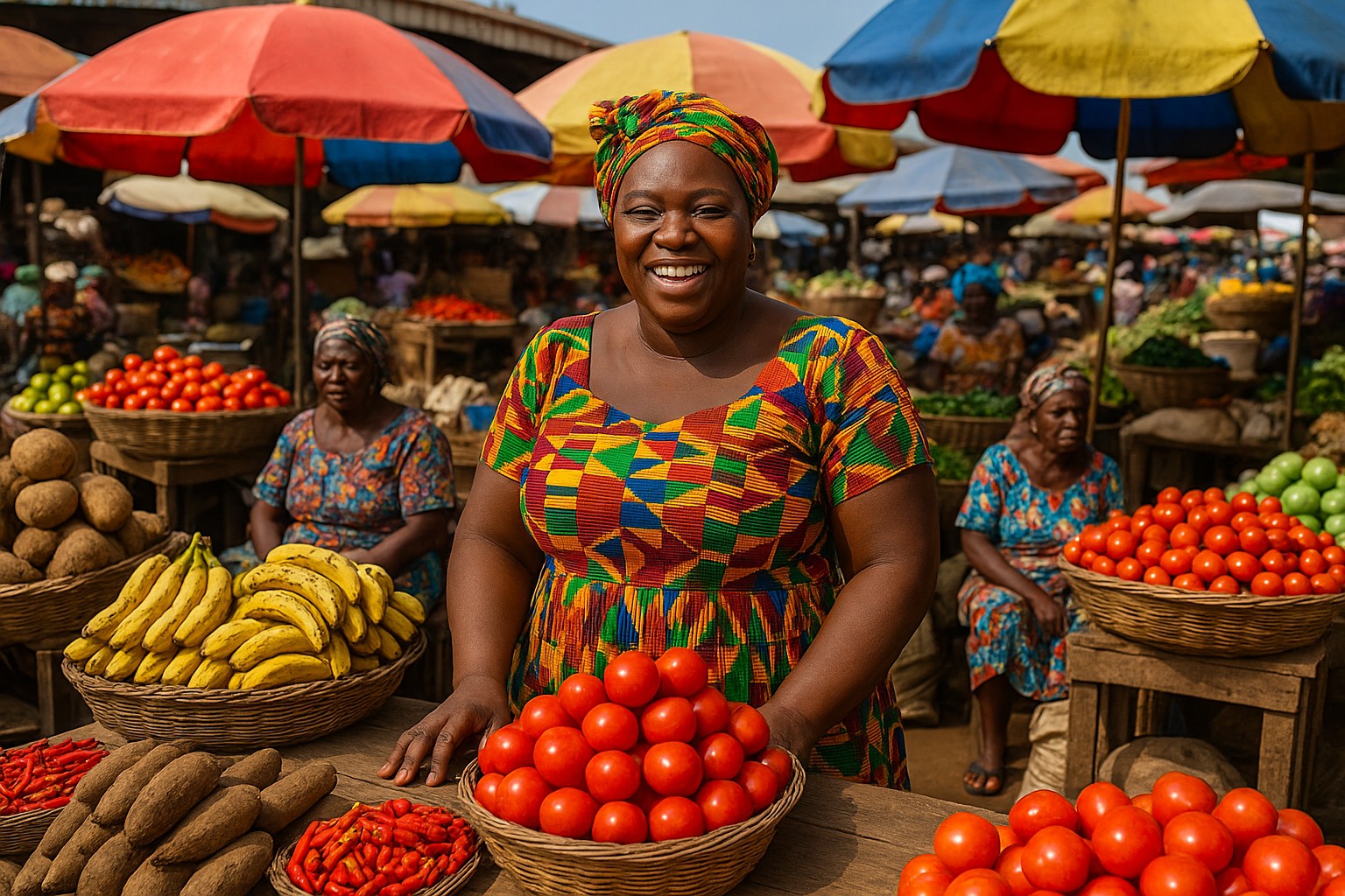 Eine ghanaische Marktfrau in farbenfrohem Kente-Stoff sitzt hinter einem großen Holztisch voller Tomaten, Yamswurzeln und Bananen, während andere Frauen und Kunden den geschäftigen Markt füllen.