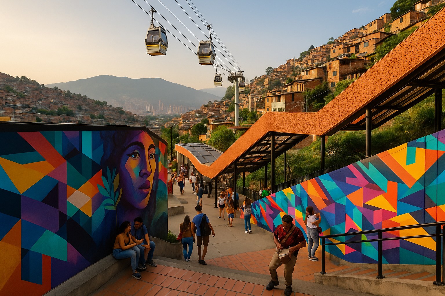Metrocable-Gondeln schweben über Comuna 13 in Medellín; im Vordergrund führen überdachte Rolltreppen und farbenfrohe, textfreie Street-Art-Mauern durch eine belebte Fußgängerzone, während die dicht bebauten Hänge und das Aburrá-Tal im warmen Spätnachmittagslicht liegen.