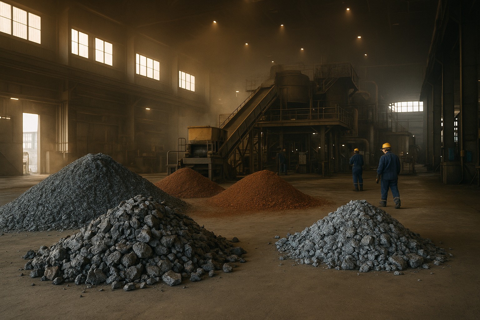 Innenaufnahme einer industriellen Metallverarbeitungsanlage in Kuba mit drei unterschiedlich farbigen Erzhalden im Vordergrund und Arbeitern in Schutzkleidung im Hintergrund.
