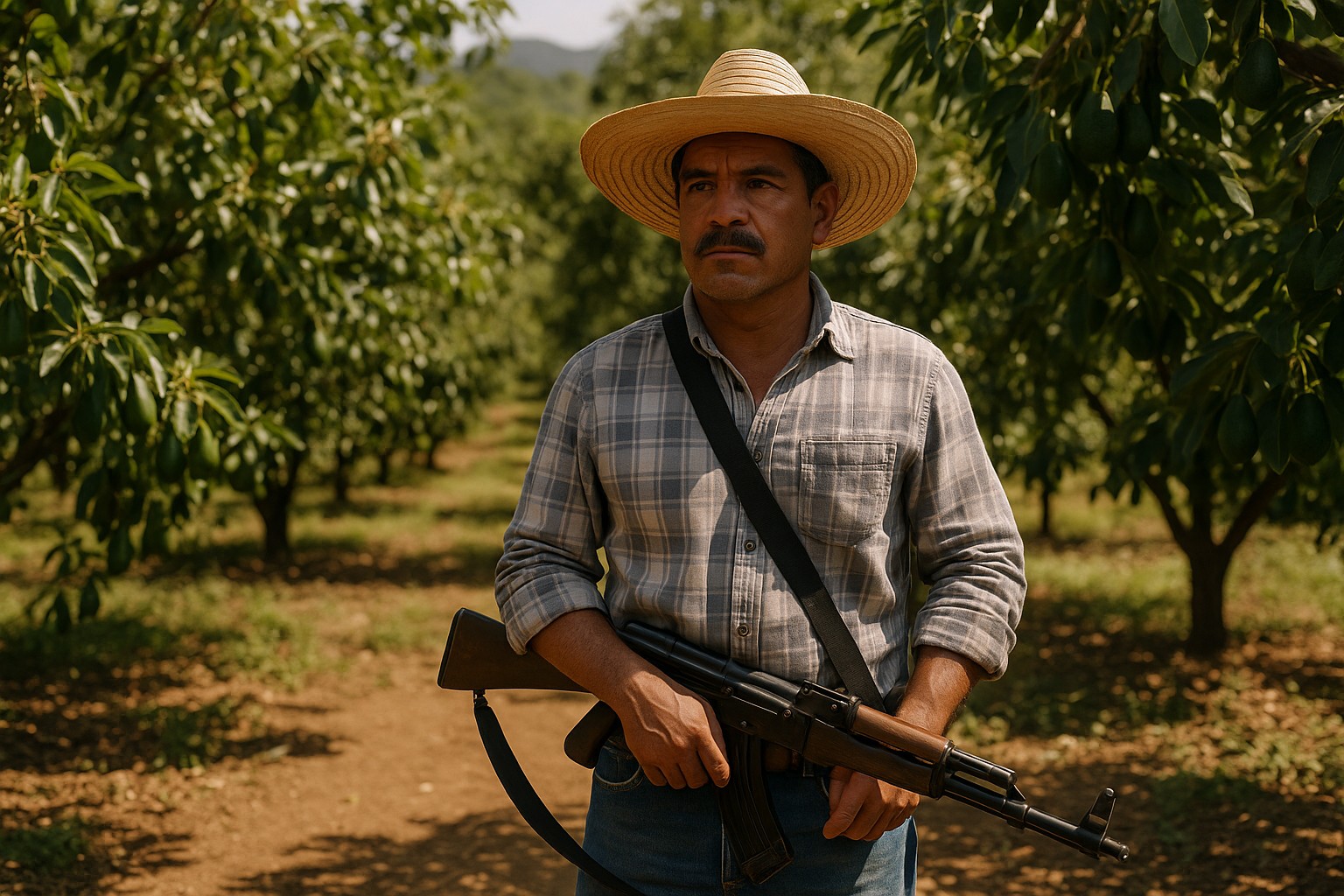Ein mexikanischer Landwirt mittleren Alters steht inmitten einer sonnendurchfluteten Avocado-Plantage. Er trägt ein kariertes Hemd, einen Strohhut und hält ein Gewehr in den Händen, während er ernst in die Ferne blickt.