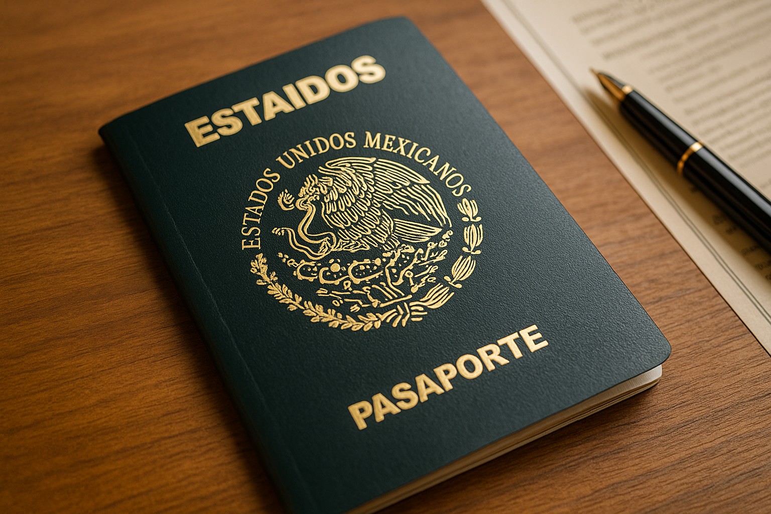 Ein mexikanischer Reisepass, der auf einer hölzernen Tischoberfläche liegt, geöffnet, sodass die Aufschrift „Estados Unidos Mexicanos“ klar sichtbar ist.