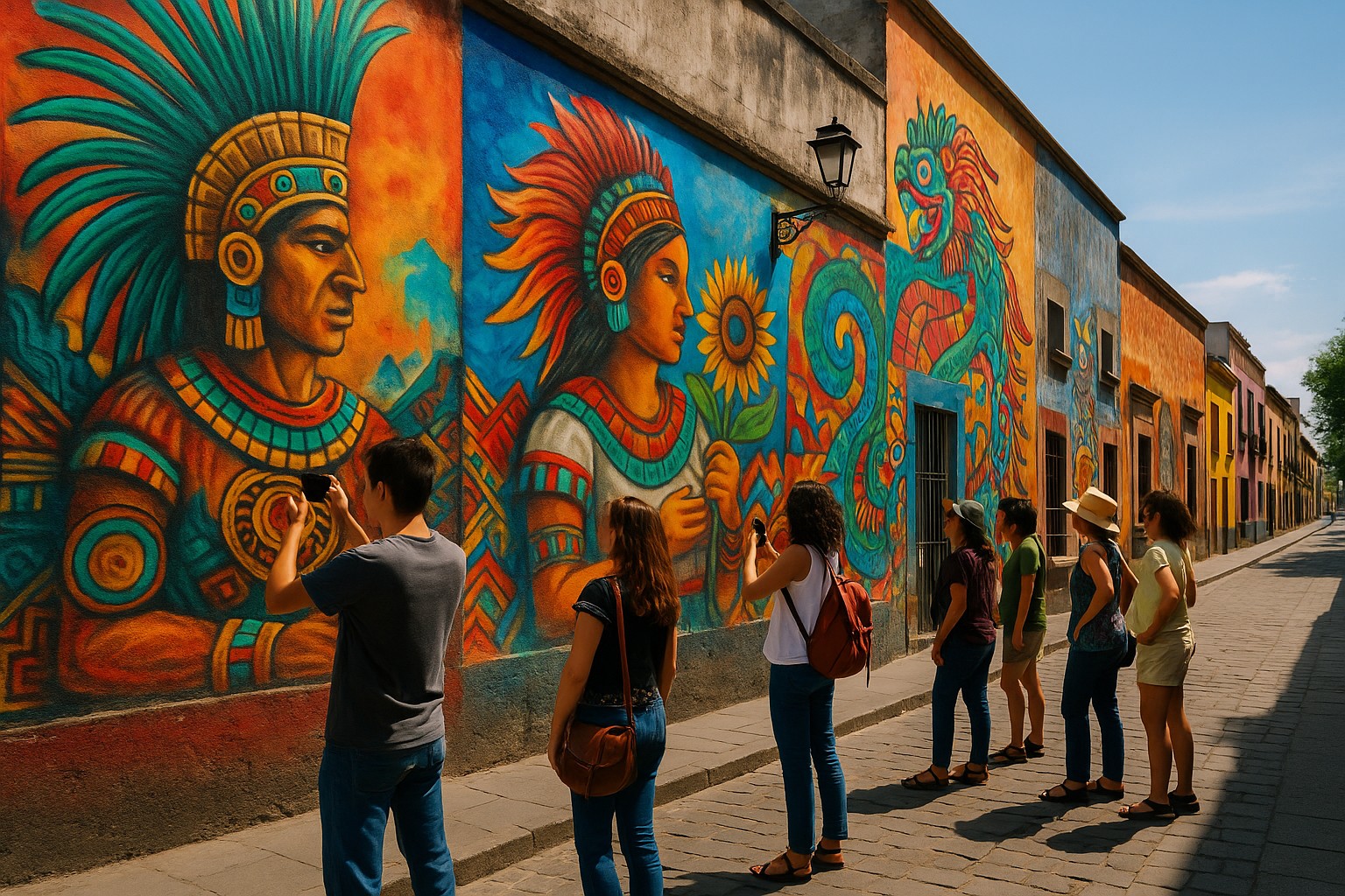 Straßenszene in Mexiko-Stadt, in der eine Gruppe von Menschen bunte Wandgemälde mit Motiven der Aztekenkultur betrachtet und fotografiert. Die farbenfrohen Häuserfassaden verwandeln die Straße in ein lebendiges Freilichtmuseum.