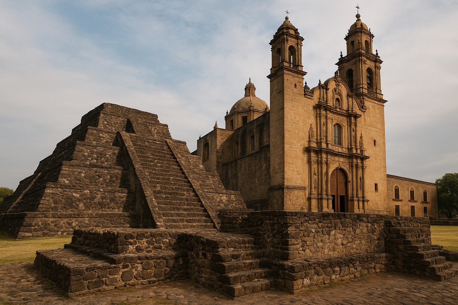 Eine hyperrealistische Fotografie zeigt nebeneinander eine aztekische Stufenpyramide und eine barocke spanische Kolonialkirche unter einem leicht bewölkten Himmel.