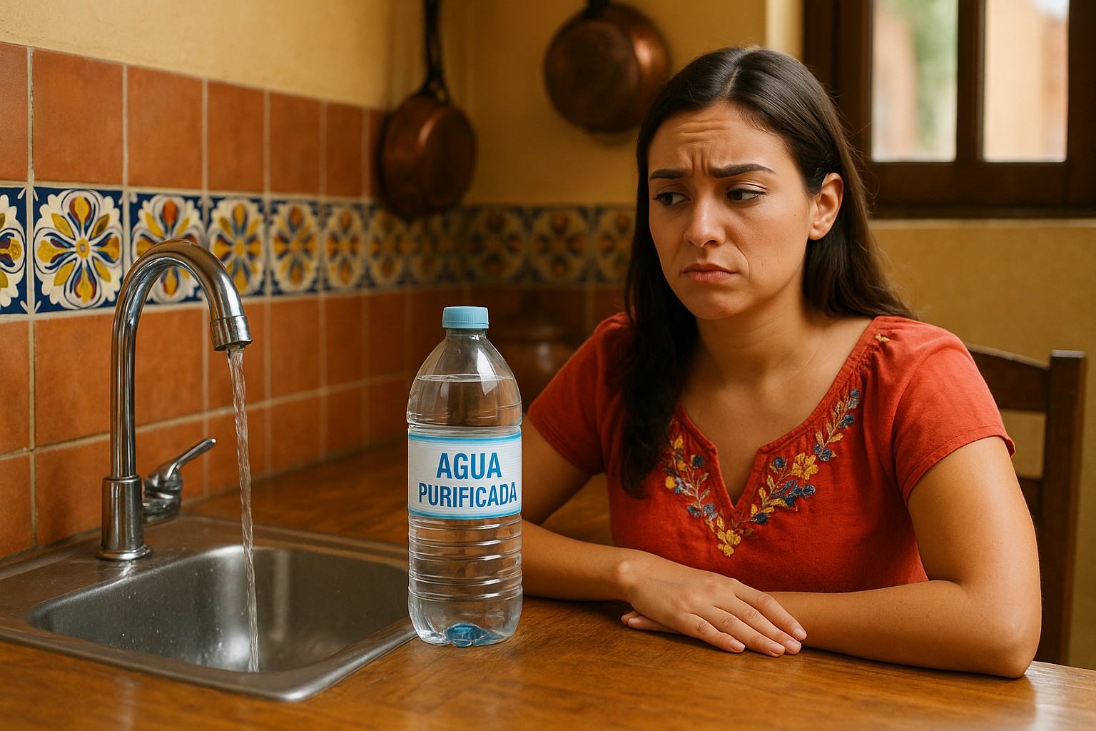 Eine junge Mexikanerin sitzt in einer traditionellen Küche, blickt skeptisch auf das fließende Wasser aus dem Hahn, während vor ihr eine Flasche „Agua Purificada“ steht.
