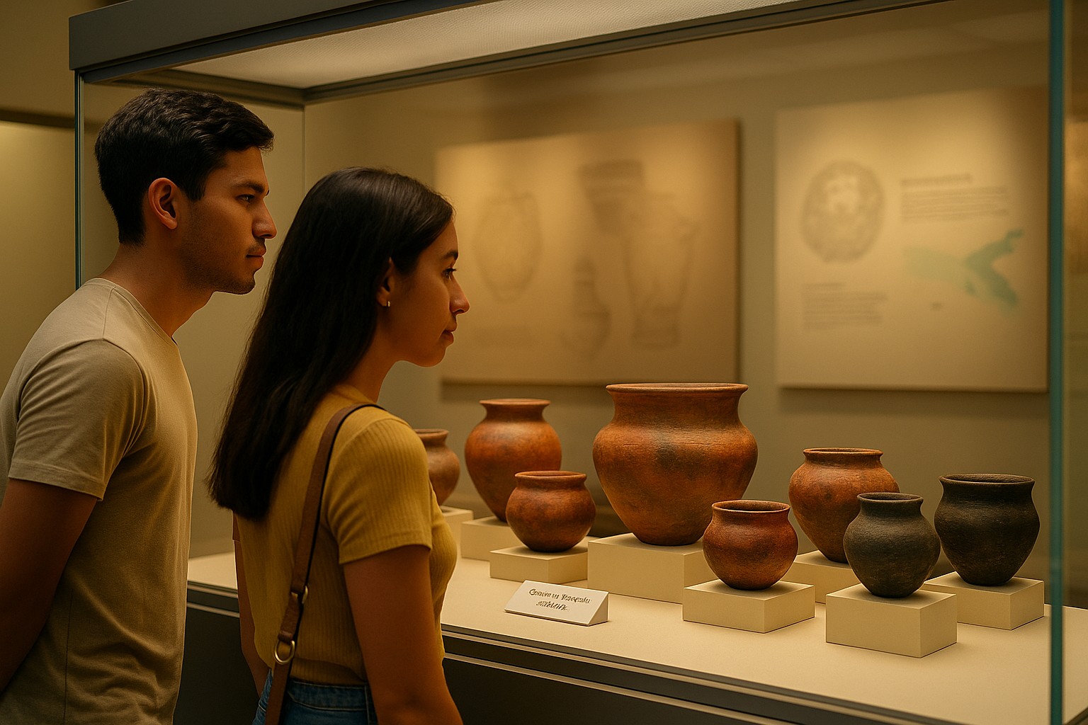 Ein junges Paar betrachtet im Museum eine Sammlung von Monagrillo-Keramiken aus etwa 2500 v. Chr., die in einer beleuchteten Vitrine ausgestellt sind.