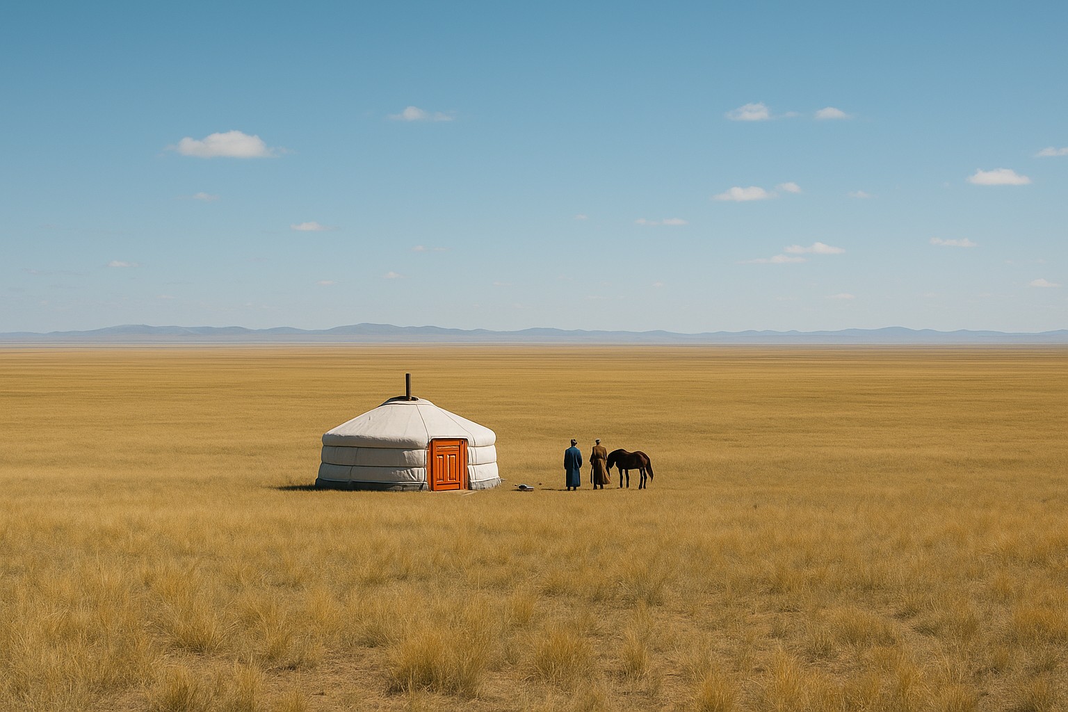 Eine einzelne mongolische Jurte mit orangefarbener Tür steht einsam inmitten der endlosen Steppe, daneben zwei Menschen in traditionellen Deels und ein Pferd, während sich die weite Landschaft bis zum Horizont erstreckt.