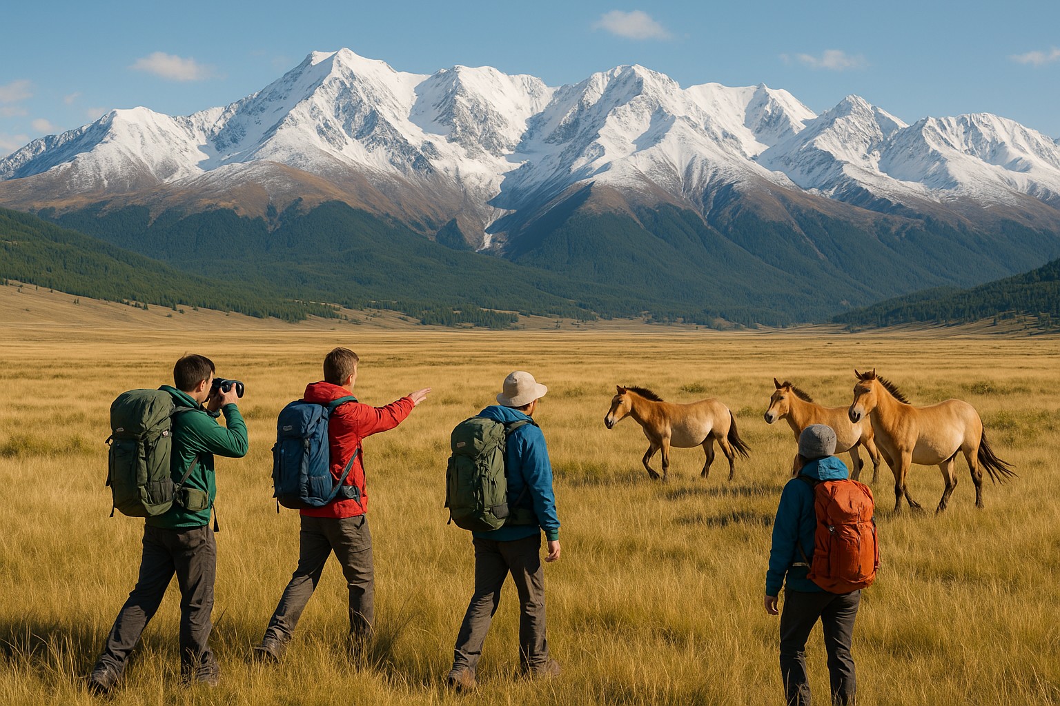 Vier Wanderer in bunter Outdoor-Bekleidung beobachten eine kleine Herde von Przewalski-Pferden in der mongolischen Steppe, im Hintergrund erheben sich die schneebedeckten Gipfel des Altai-Gebirges.