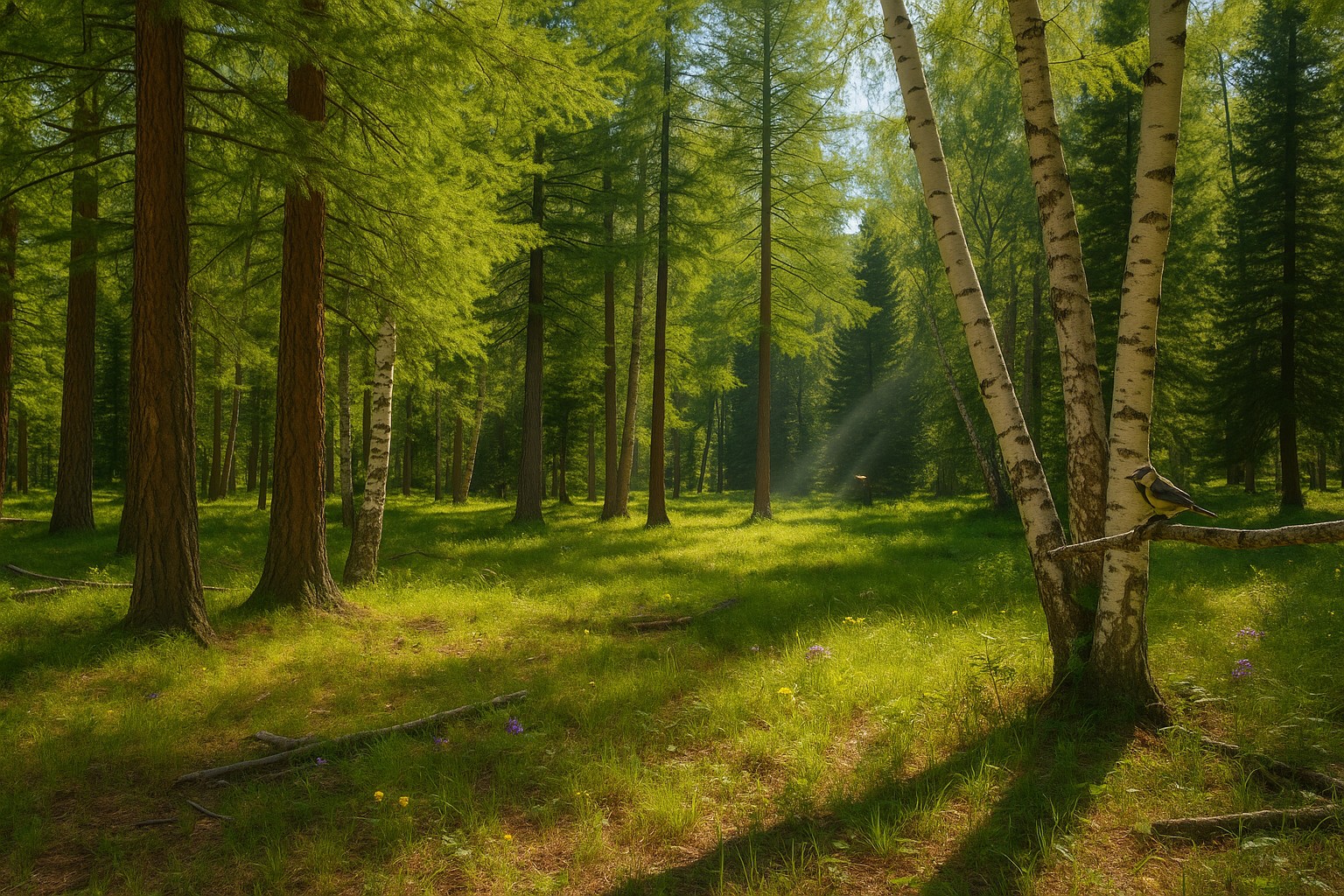 Ein mongolischer Bergwald mit hohen Lärchen und weißen Birken, durch deren Kronen Sonnenstrahlen auf den grünen Waldboden mit Gras und Wildblumen fallen, während ein kleiner Vogel auf einem Ast sitzt.