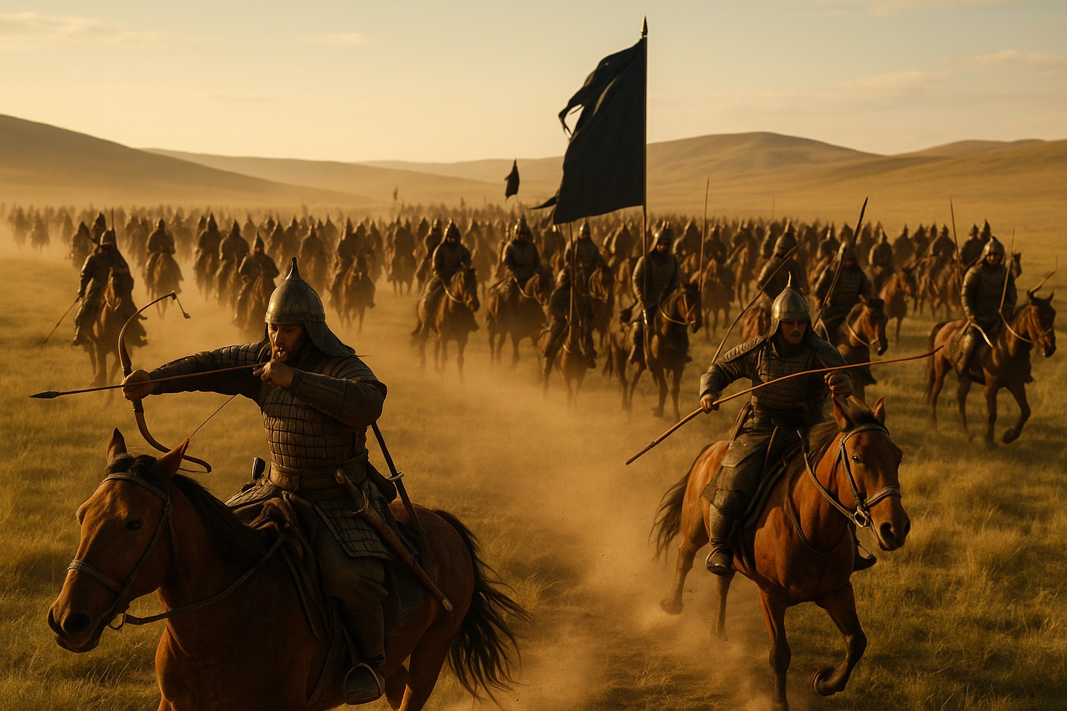 Mongolische Reiterarmee des 13. Jahrhunderts stürmt über die Steppe, Bogenschützen zu Pferd im Vordergrund, dahinter Reihen von Kriegern mit Lanzen und schwarzen Bannern, Staubwolken im goldenen Abendlicht.