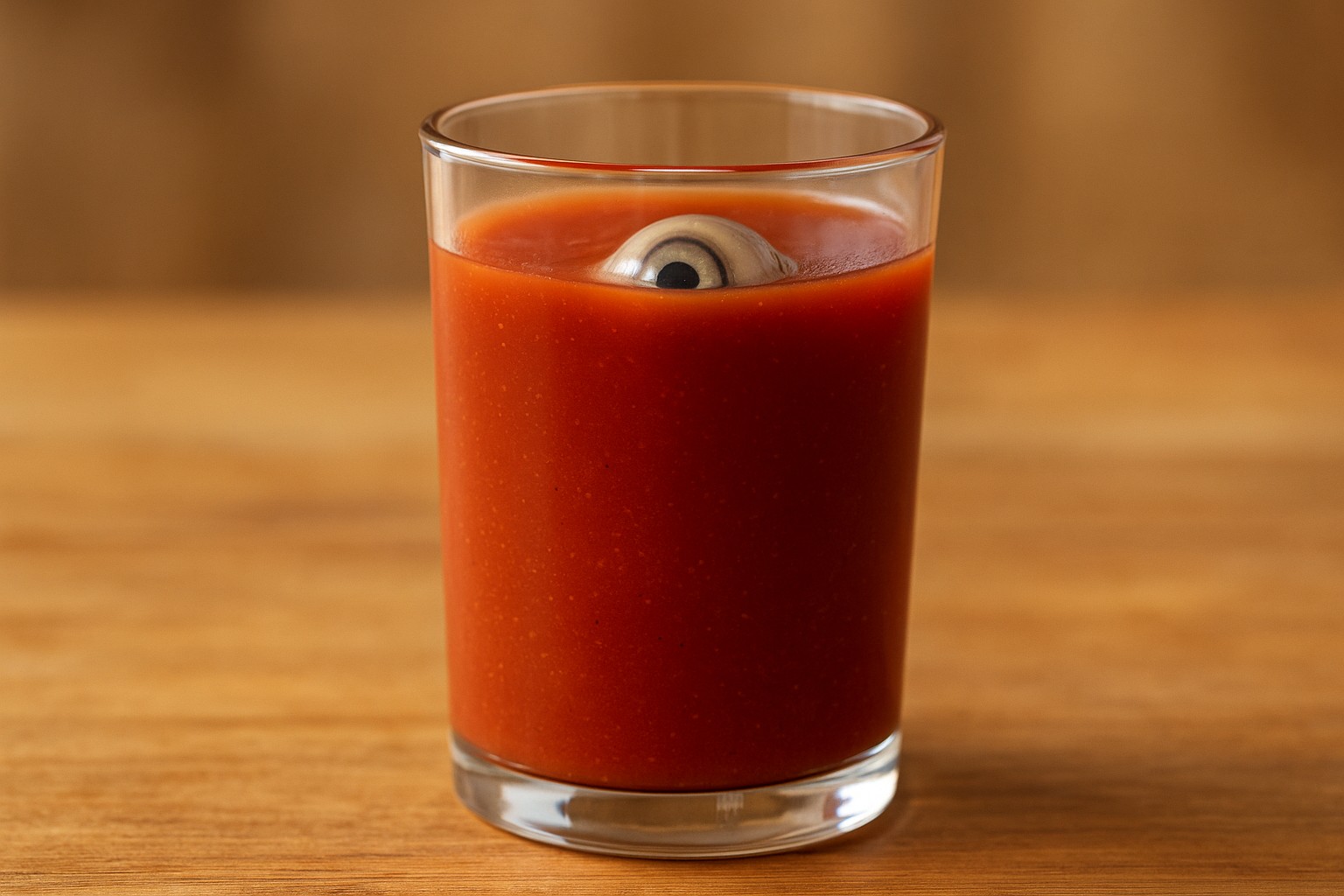 Ein Glas Tomatensaft mit einer eingelegten Schafauge, das halb über der Oberfläche schwimmt, steht auf einem Holztisch vor unscharfem Hintergrund.