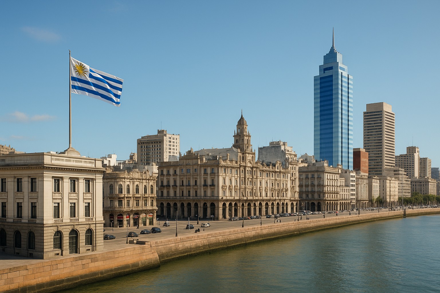 Panorama von Montevideos Uferpromenade mit einer Mischung aus historischer und moderner Architektur, darunter das neoklassizistische A.N.P.-Gebäude mit wehender uruguayischer Flagge.