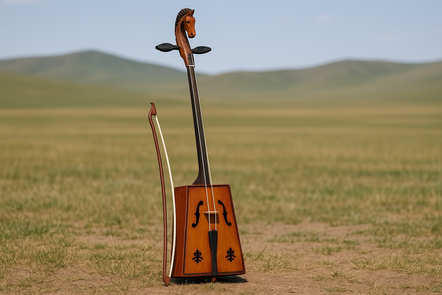 Morin Khuur in voller Länge vor der mongolischen Steppe, mit geschnitztem Pferdekopf, zwei Pferdehaar-Saiten und rechteckigem Resonanzkörper, daneben der Bogen.