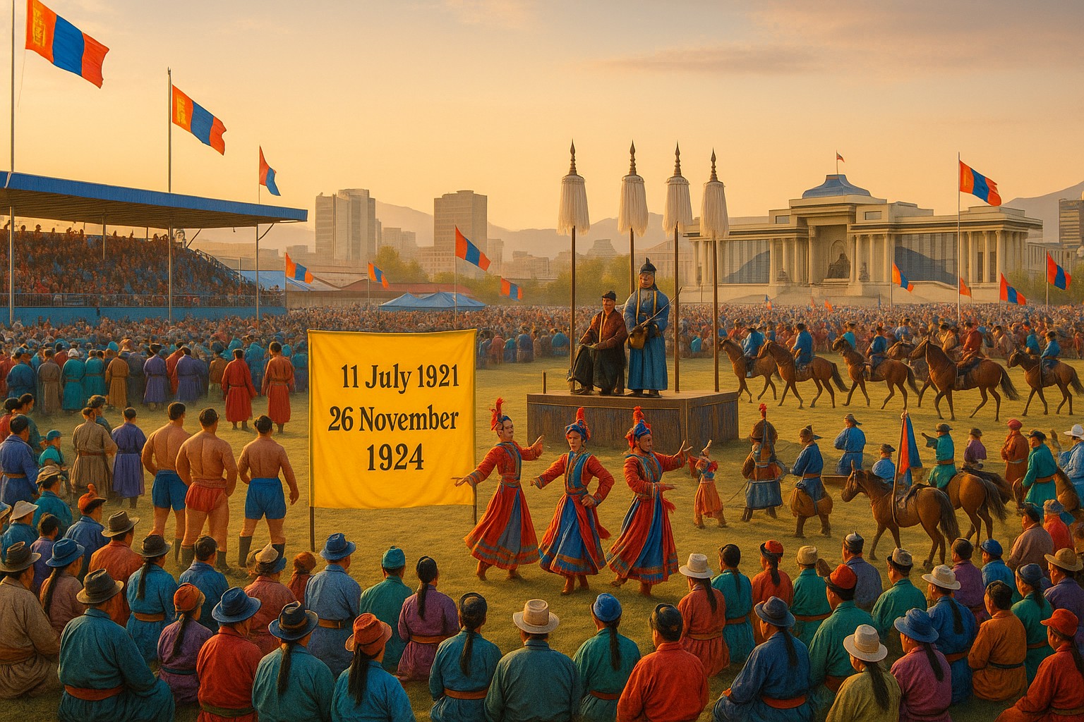 Ein realistisches Foto zeigt eine große Menschenmenge beim Naadam-Festival in der Mongolei. In der Mitte des Bildes tanzen Frauen in traditionellen mongolischen Kostümen, dahinter stehen Reiter auf Pferden und Musiker in historischen Gewändern auf einem Podest. Überall wehen mongolische Flaggen. Ein großes gelbes Banner zeigt die Daten "11 July 1921" und "26 November 1924". Im Hintergrund sieht man moderne Gebäude und ein klassisches Regierungsgebäude bei Sonnenuntergang.