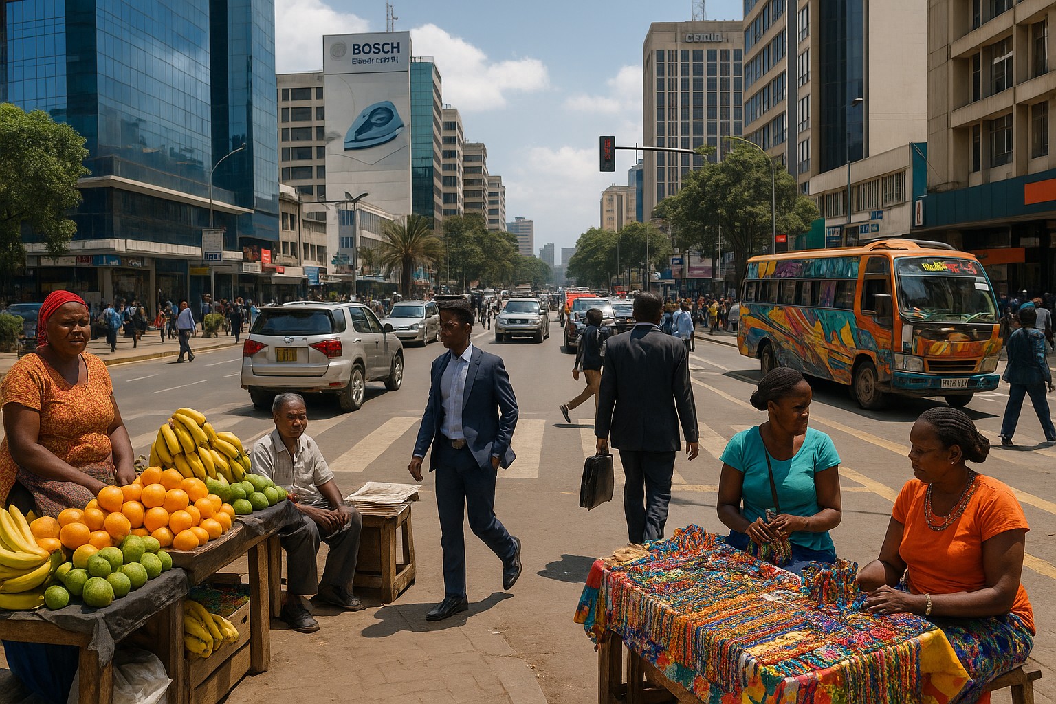 Straßenszene in Nairobi: Straßenhändler verkaufen Früchte und bunte Handarbeiten, während Geschäftsleute und Passanten zwischen modernen Gebäuden und einem bunt bemalten Matatu-Minibus unterwegs sind.