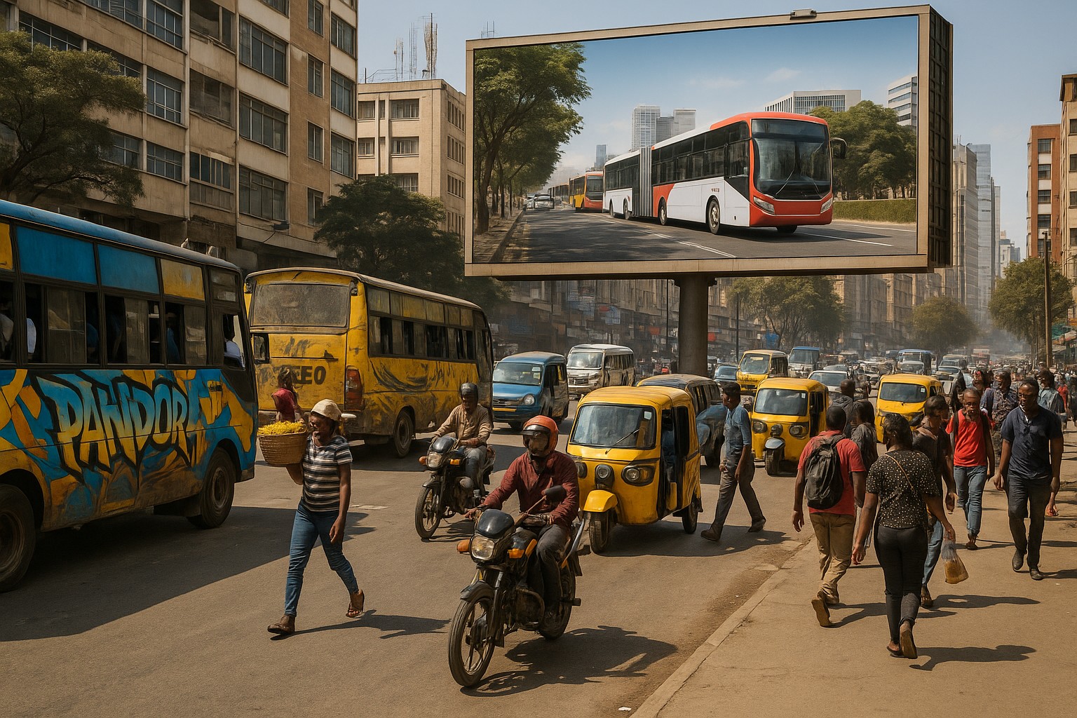 Straßenszene in Nairobi mit bunten Matatus, Motorradtaxis und Tuk-Tuks, während Fußgänger die Straße überqueren. Im Hintergrund zeigt ein großes Billboard moderne BRT-Busse, die die geplante Zukunft des öffentlichen Verkehrs symbolisieren.