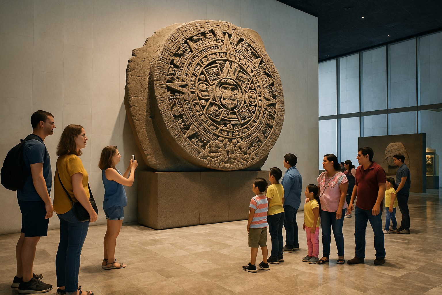 Besucher im Nationalmuseum für Anthropologie in Mexiko-Stadt betrachten antike Artefakte und präkolumbianische Skulpturen in einer großen Ausstellungshalle.